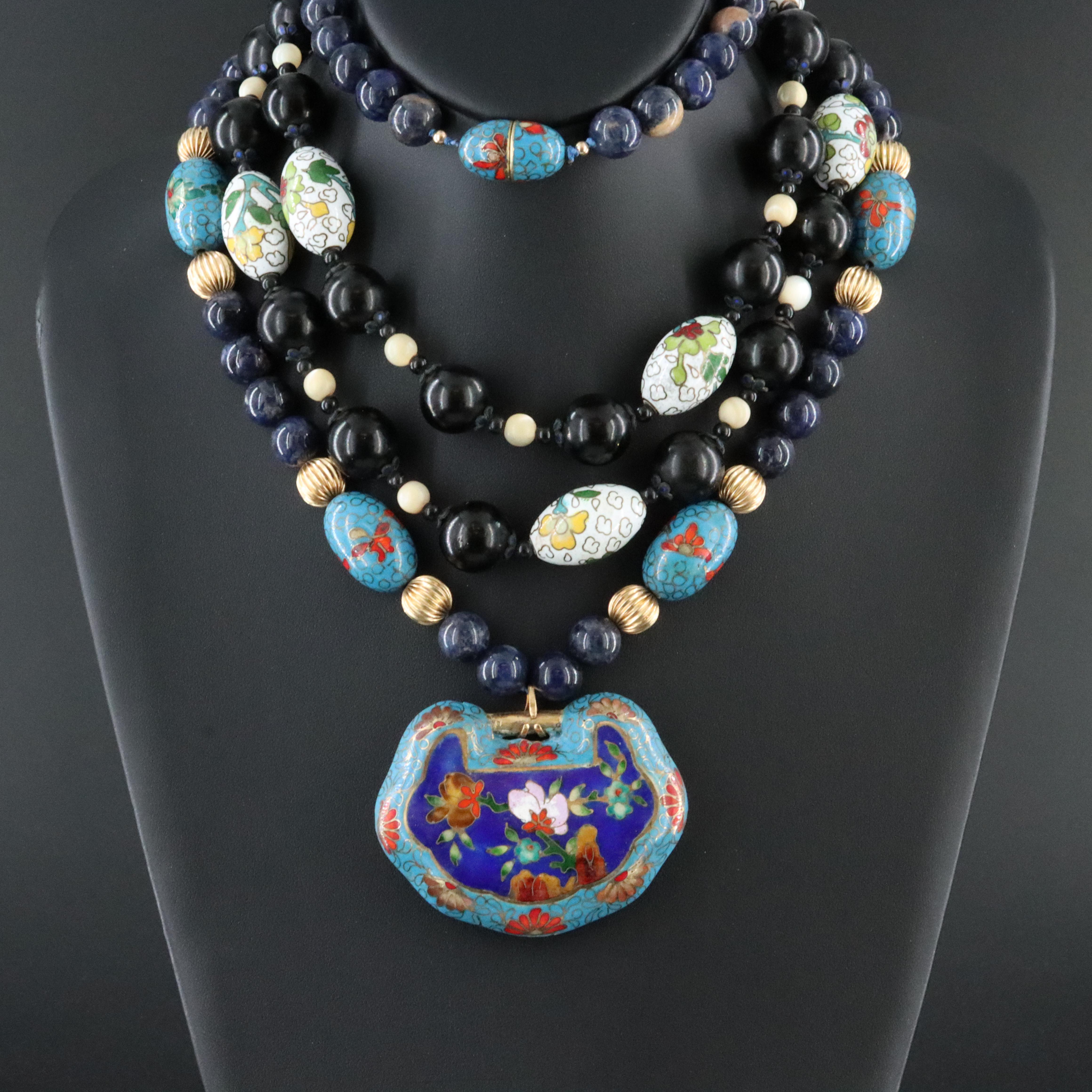 Chinese Gemstone Necklaces Including Lock Charm, Cloisonné and Sodalite
