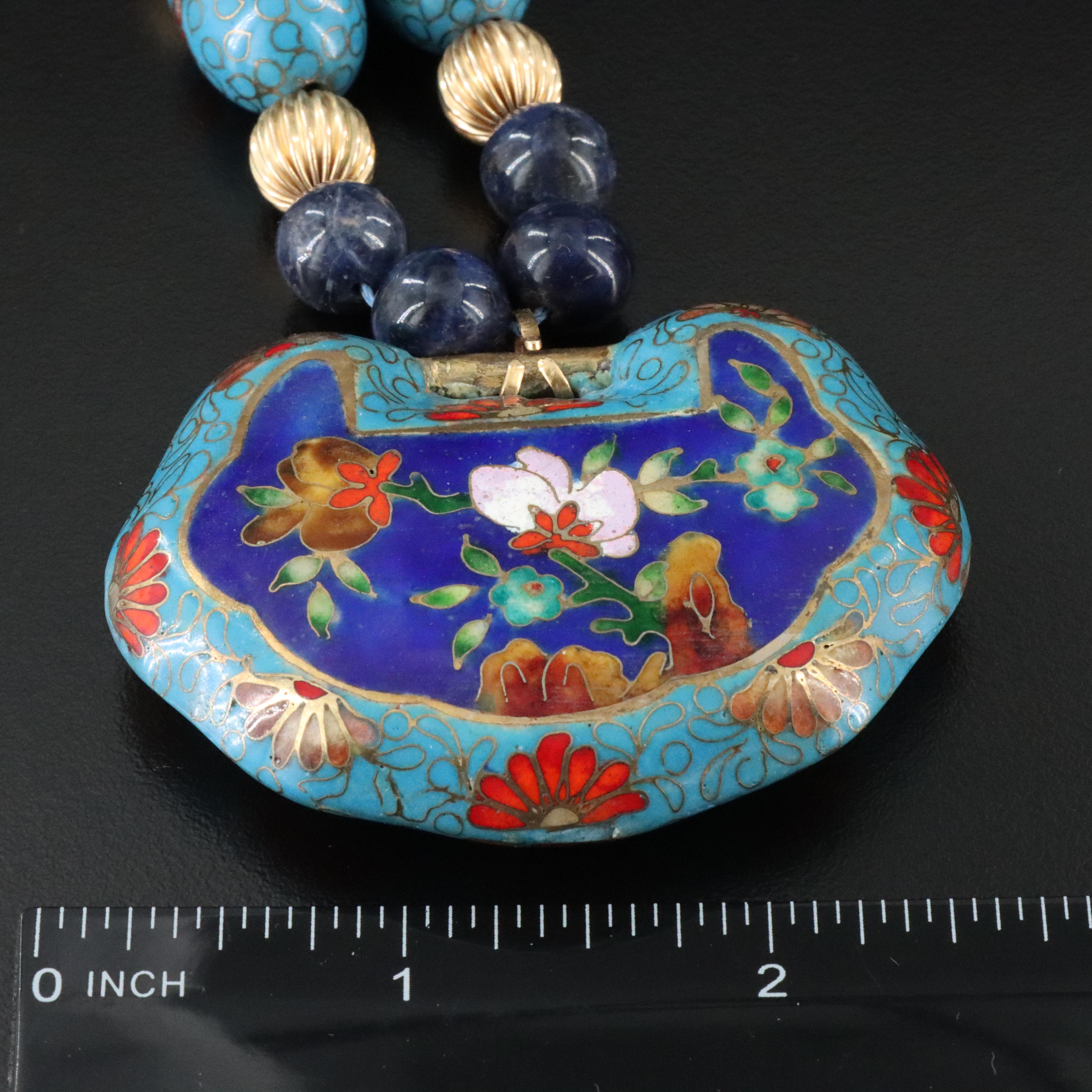 Chinese Gemstone Necklaces Including Lock Charm, Cloisonné and Sodalite