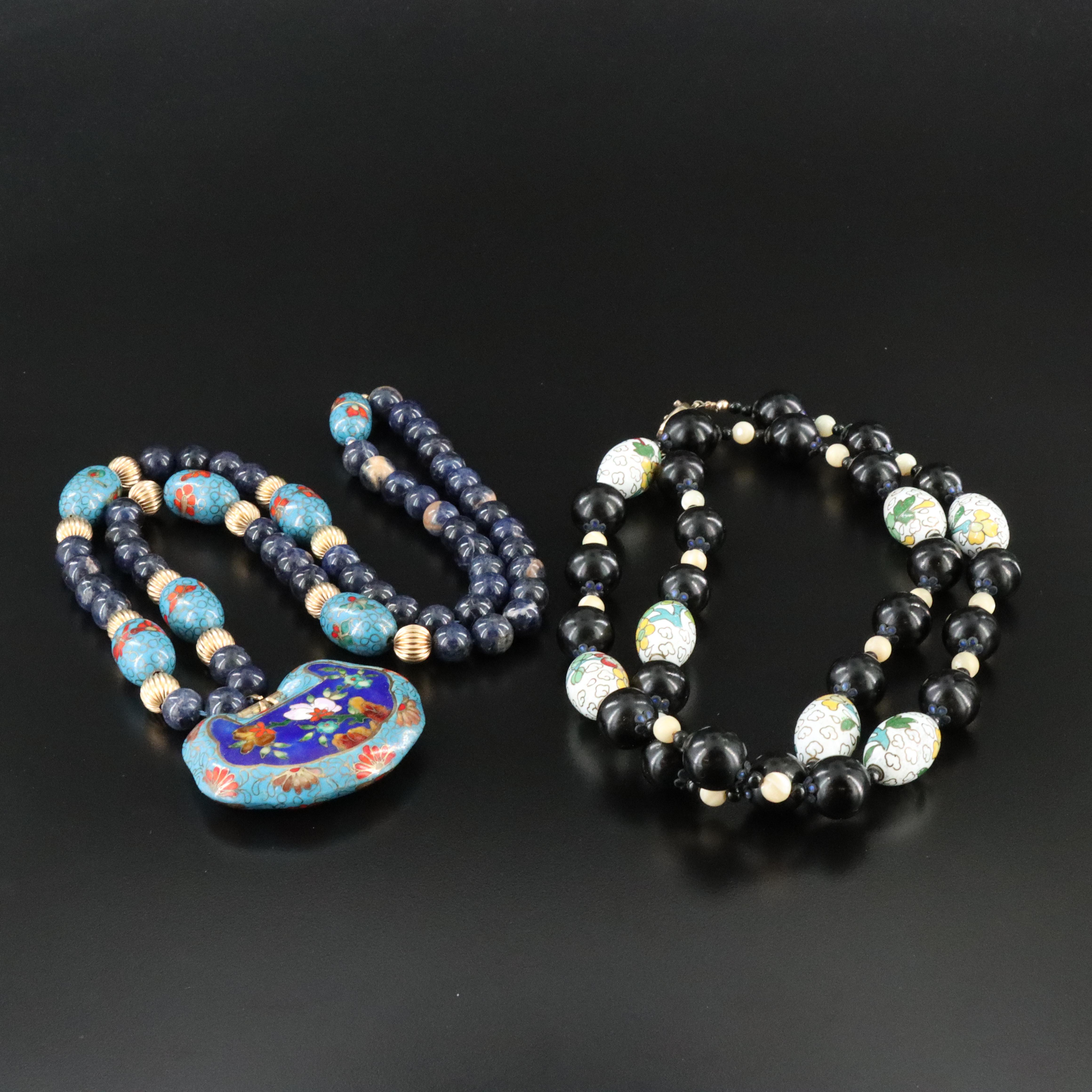 Chinese Gemstone Necklaces Including Lock Charm, Cloisonné and Sodalite