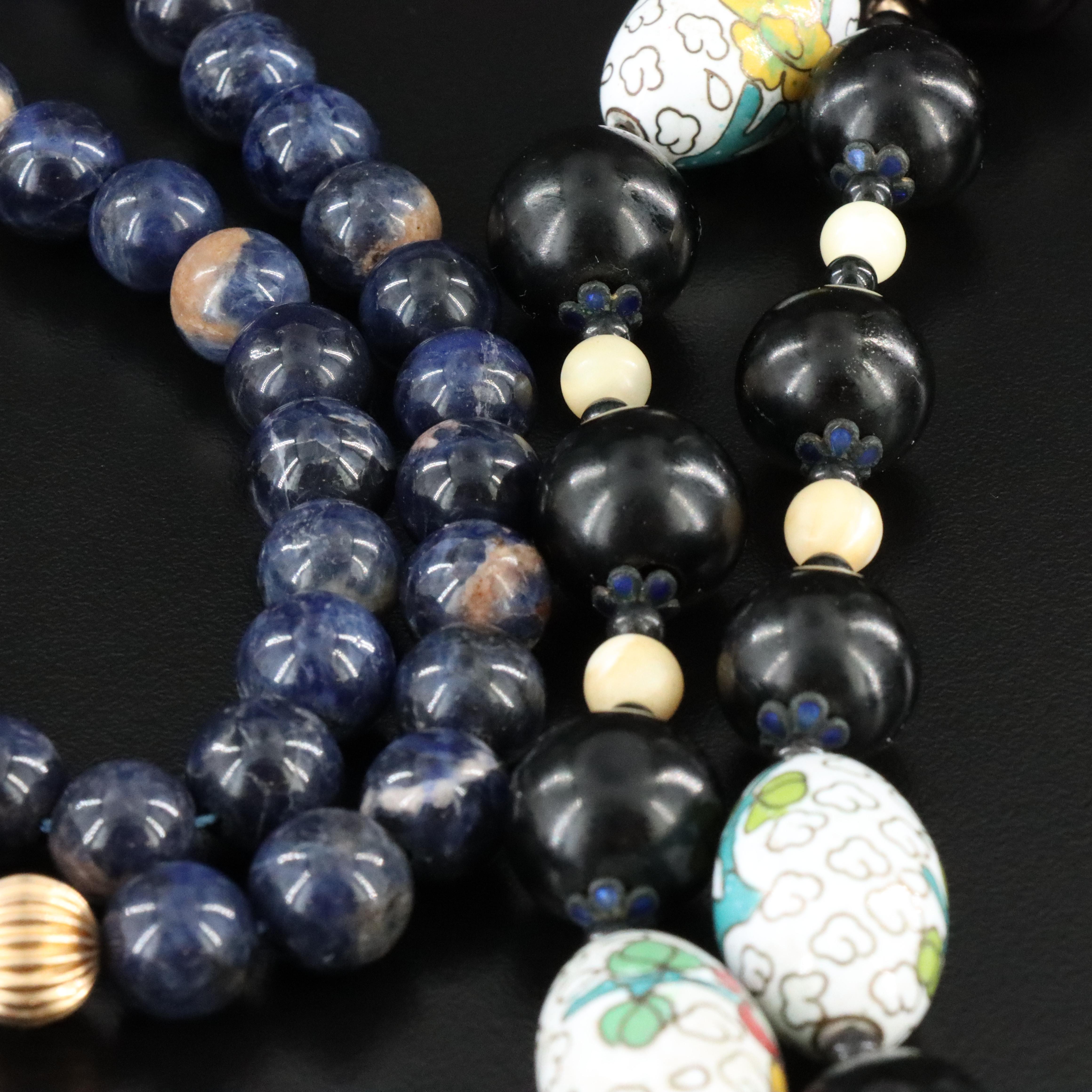 Chinese Gemstone Necklaces Including Lock Charm, Cloisonné and Sodalite