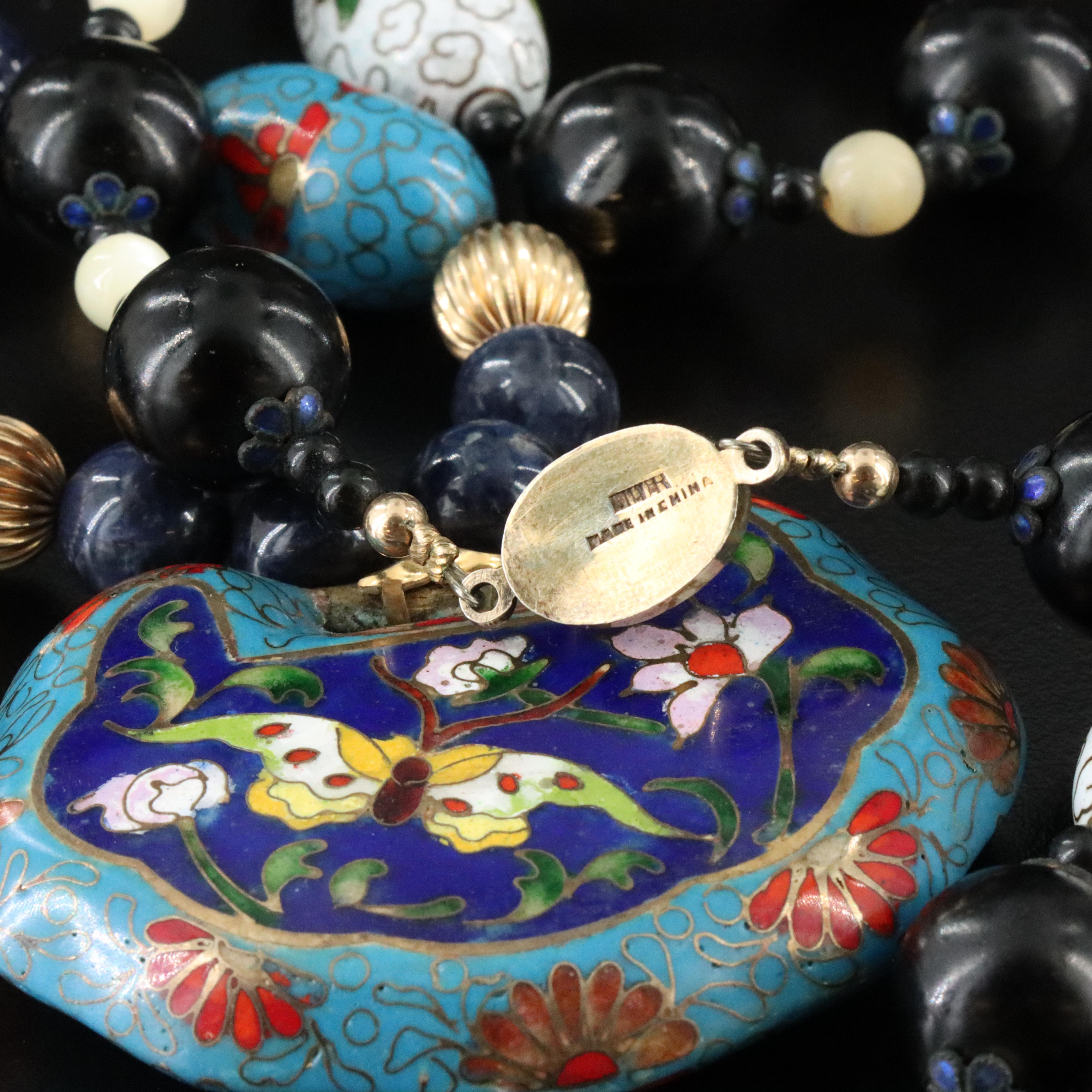 Chinese Gemstone Necklaces Including Lock Charm, Cloisonné and Sodalite