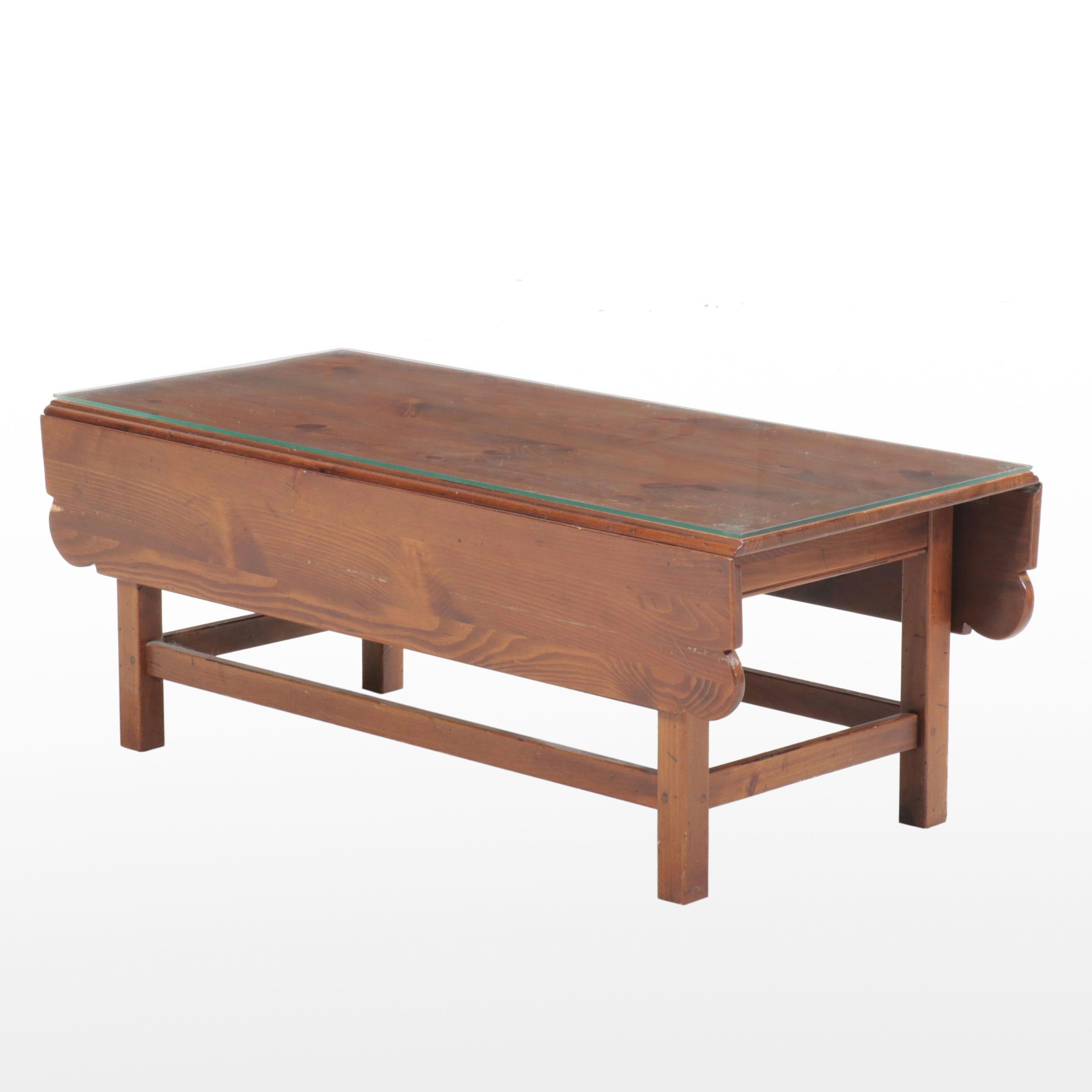 Early American Style Pine Drop-Leaf Coffee Table with Glass Top, 20th Century