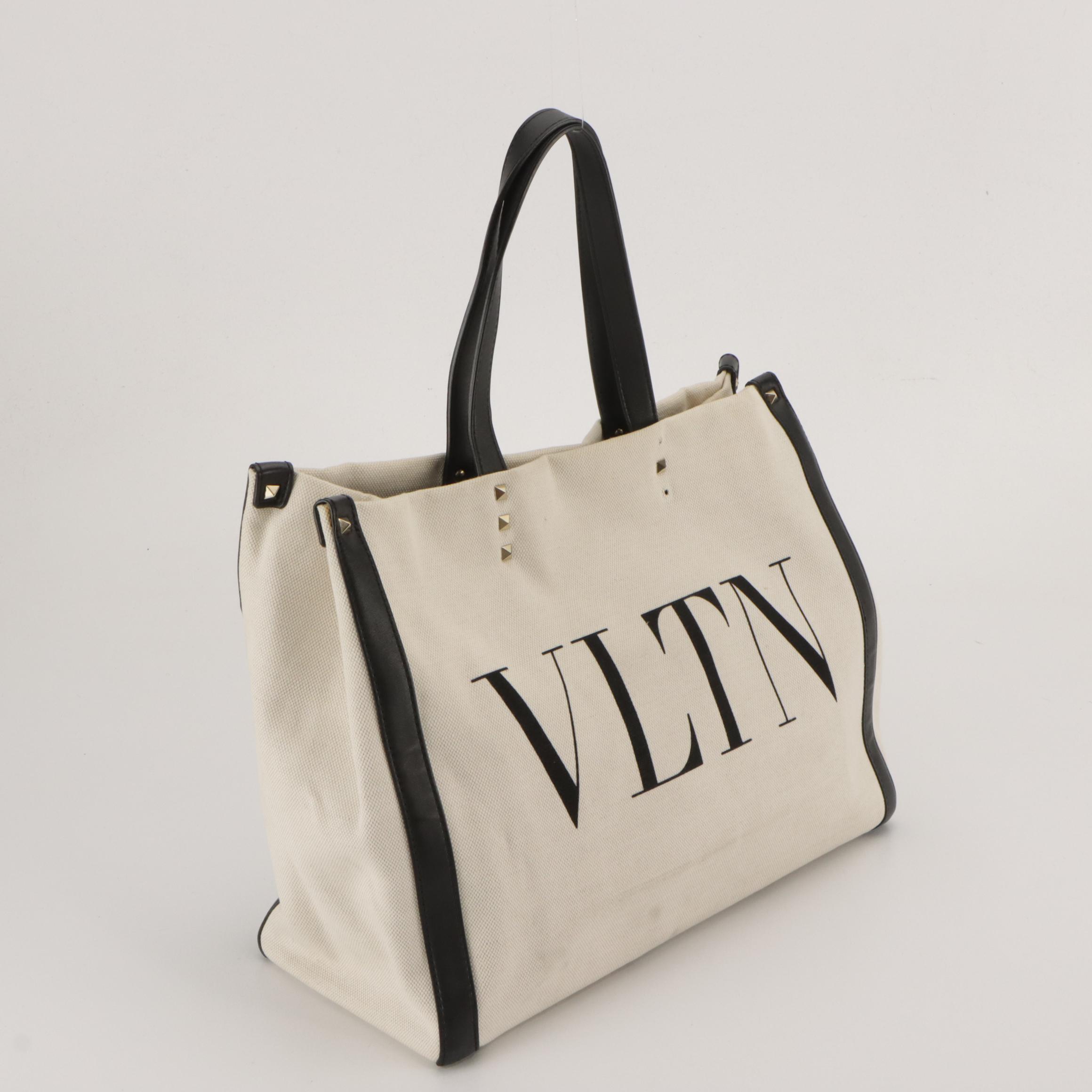 Valentino Garavani VLTN Large Tote in White Canvas and Black Leather Trim