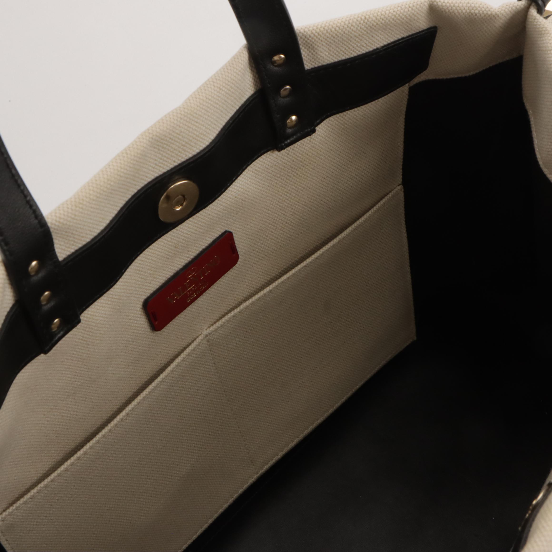 Valentino Garavani VLTN Large Tote in White Canvas and Black Leather Trim