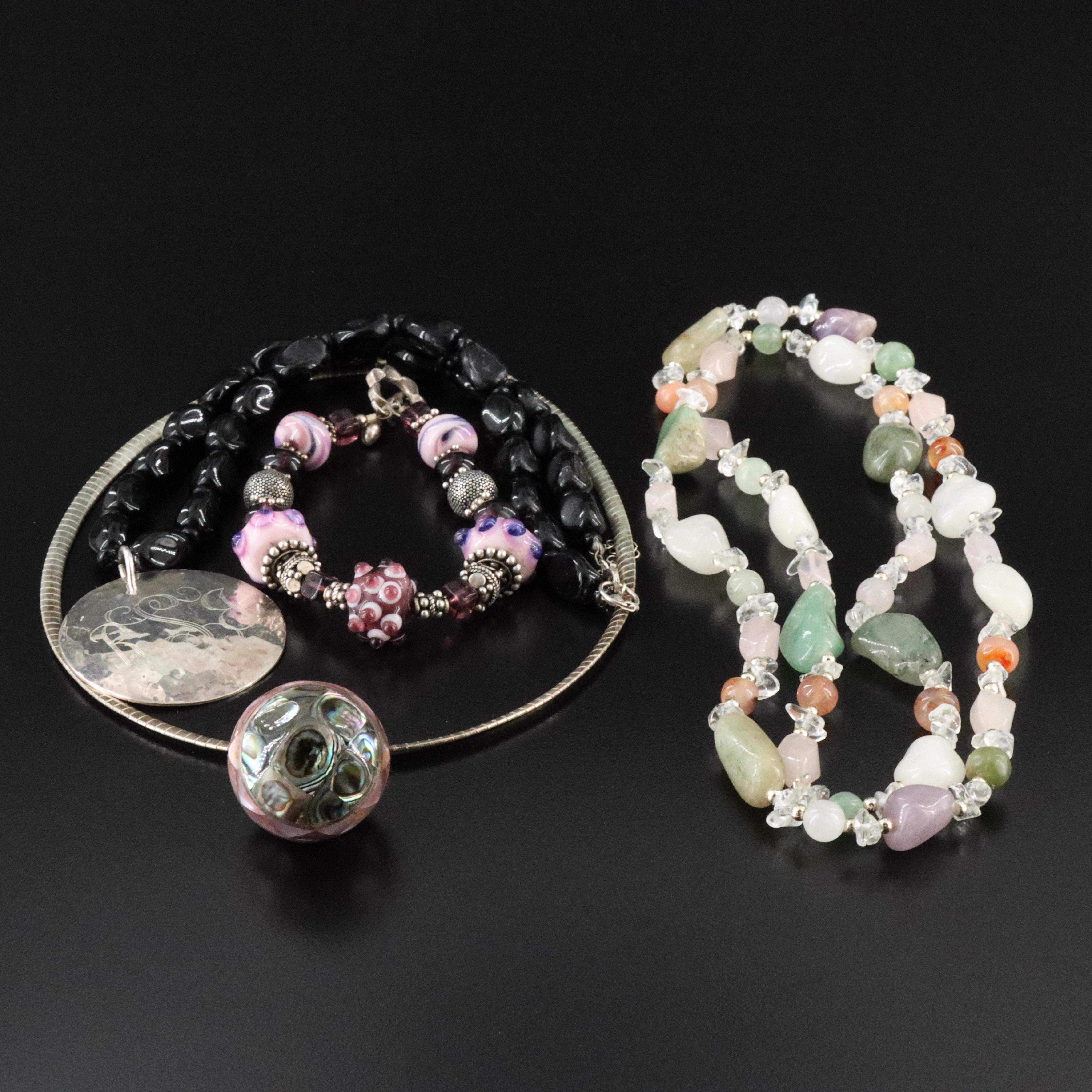 Necklace and Bracelet Collection Featuring Sterling, Abalone and Rose Quartz