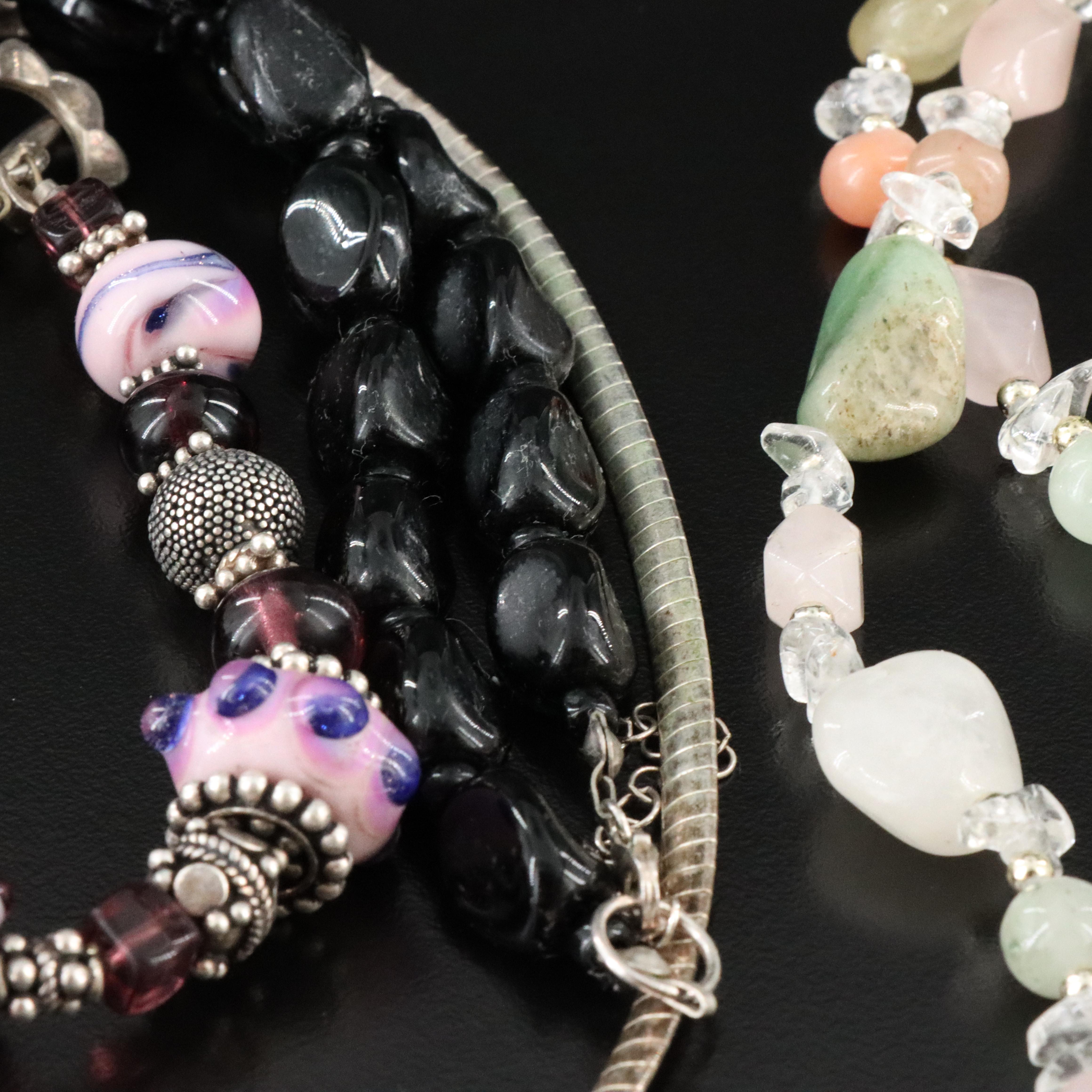 Necklace and Bracelet Collection Featuring Sterling, Abalone and Rose Quartz
