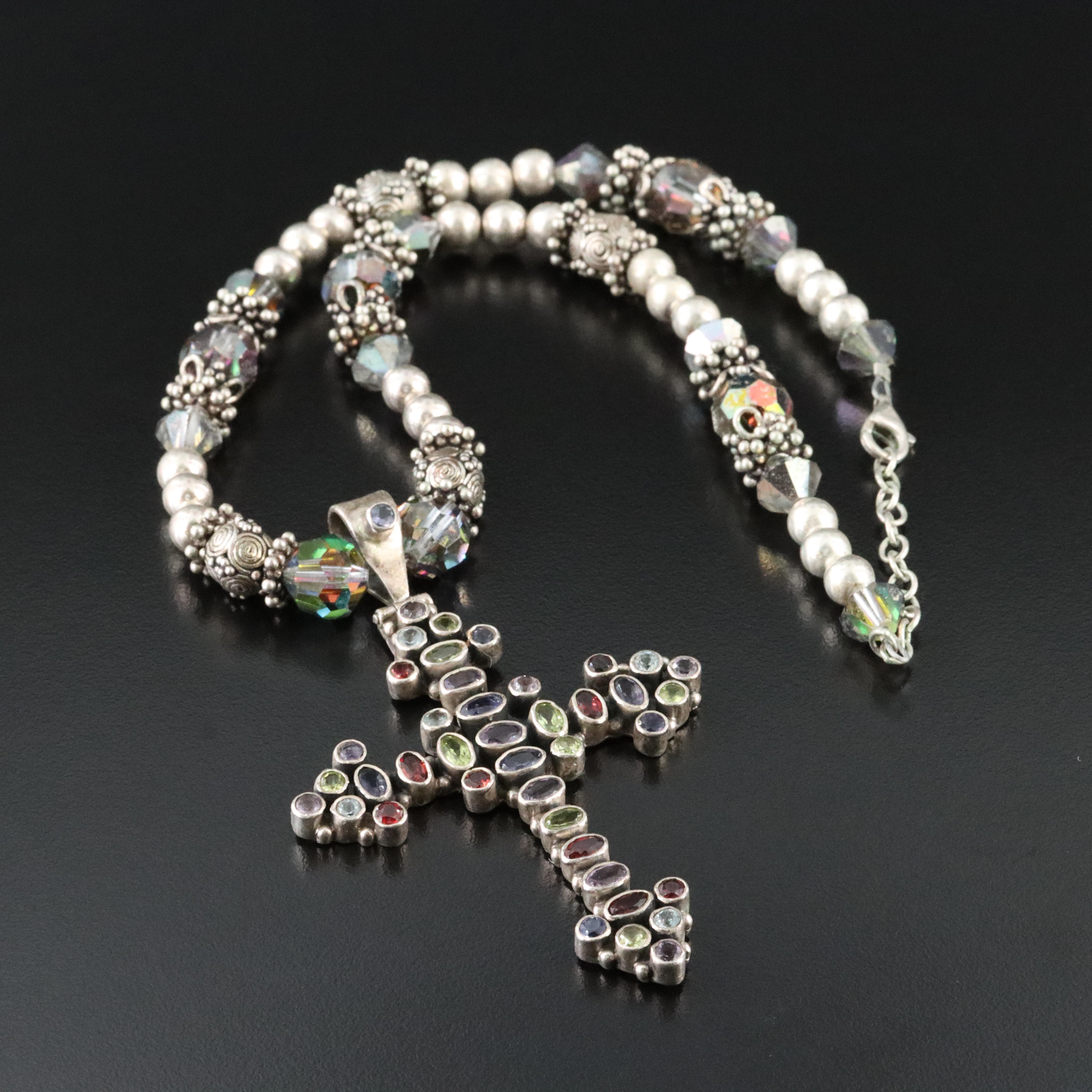 Sterling Gemstone Cross Pendant Necklace