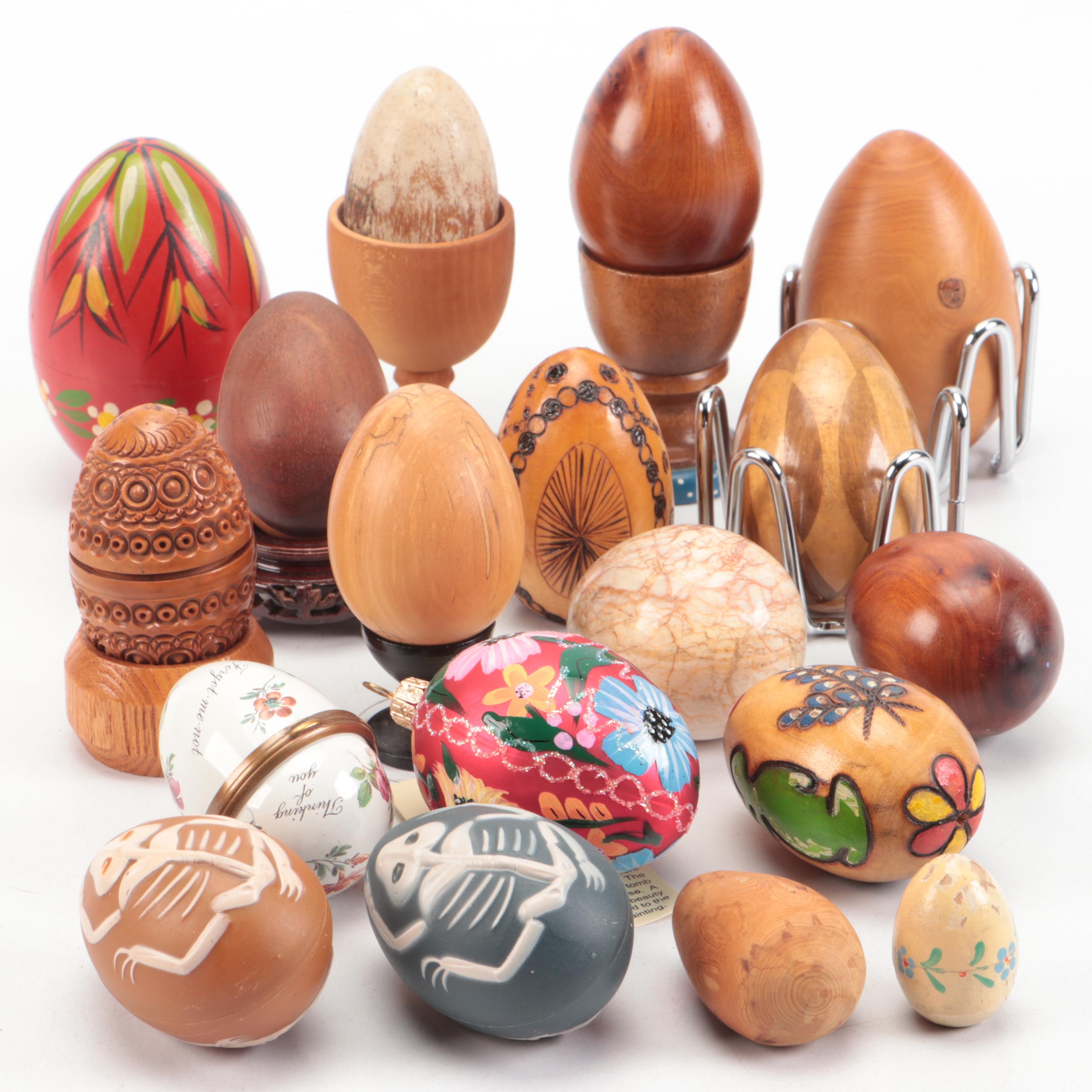 Carved Wood, Paint Decorated, Enamel and Stone Egg Figurines