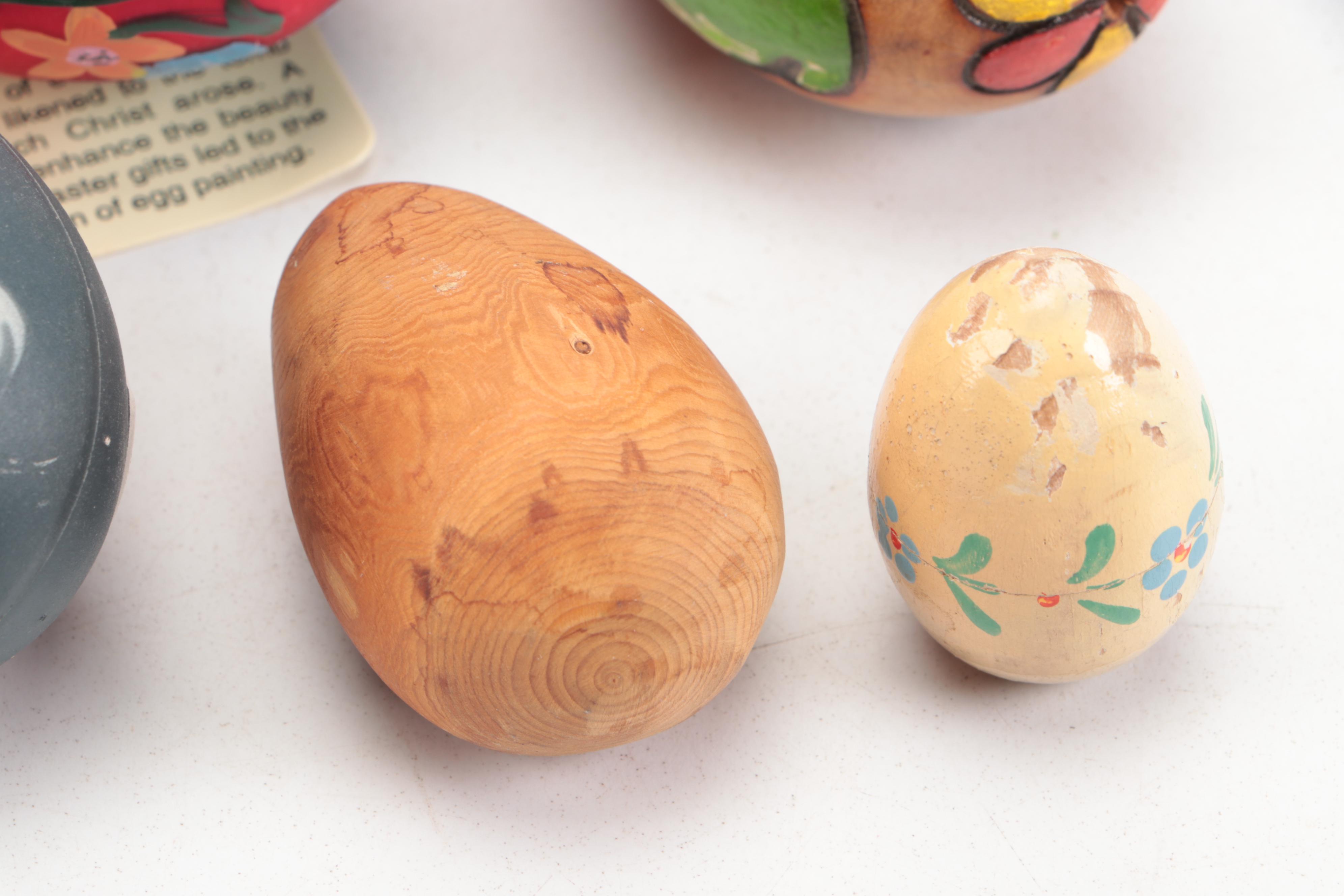 Carved Wood, Paint Decorated, Enamel and Stone Egg Figurines