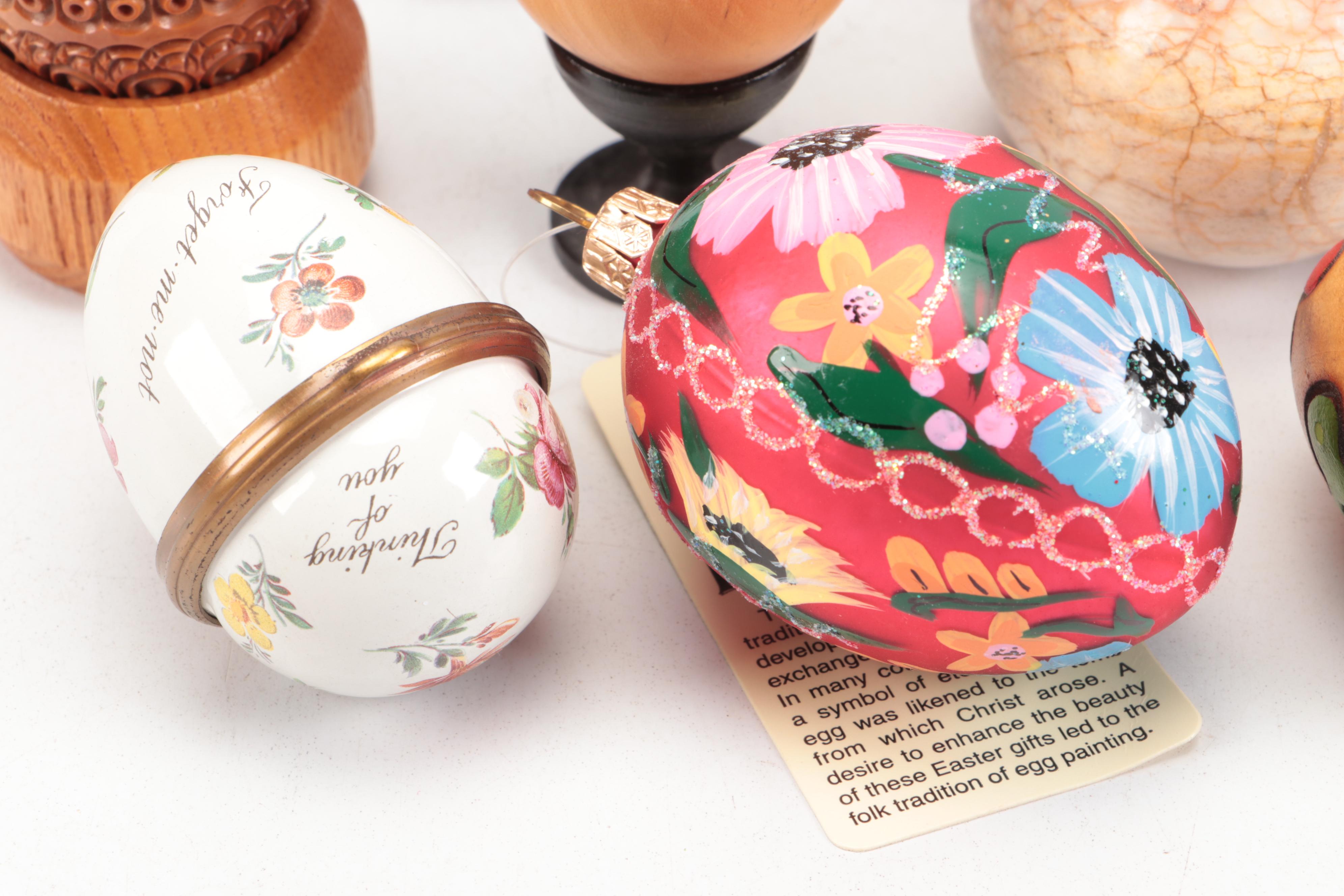Carved Wood, Paint Decorated, Enamel and Stone Egg Figurines