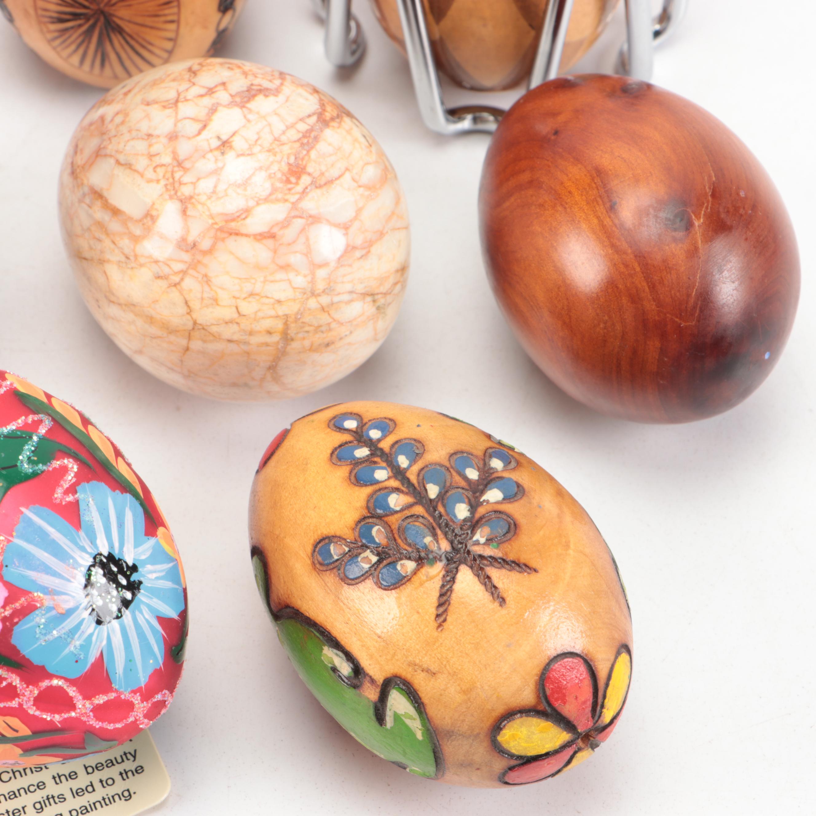 Carved Wood, Paint Decorated, Enamel and Stone Egg Figurines