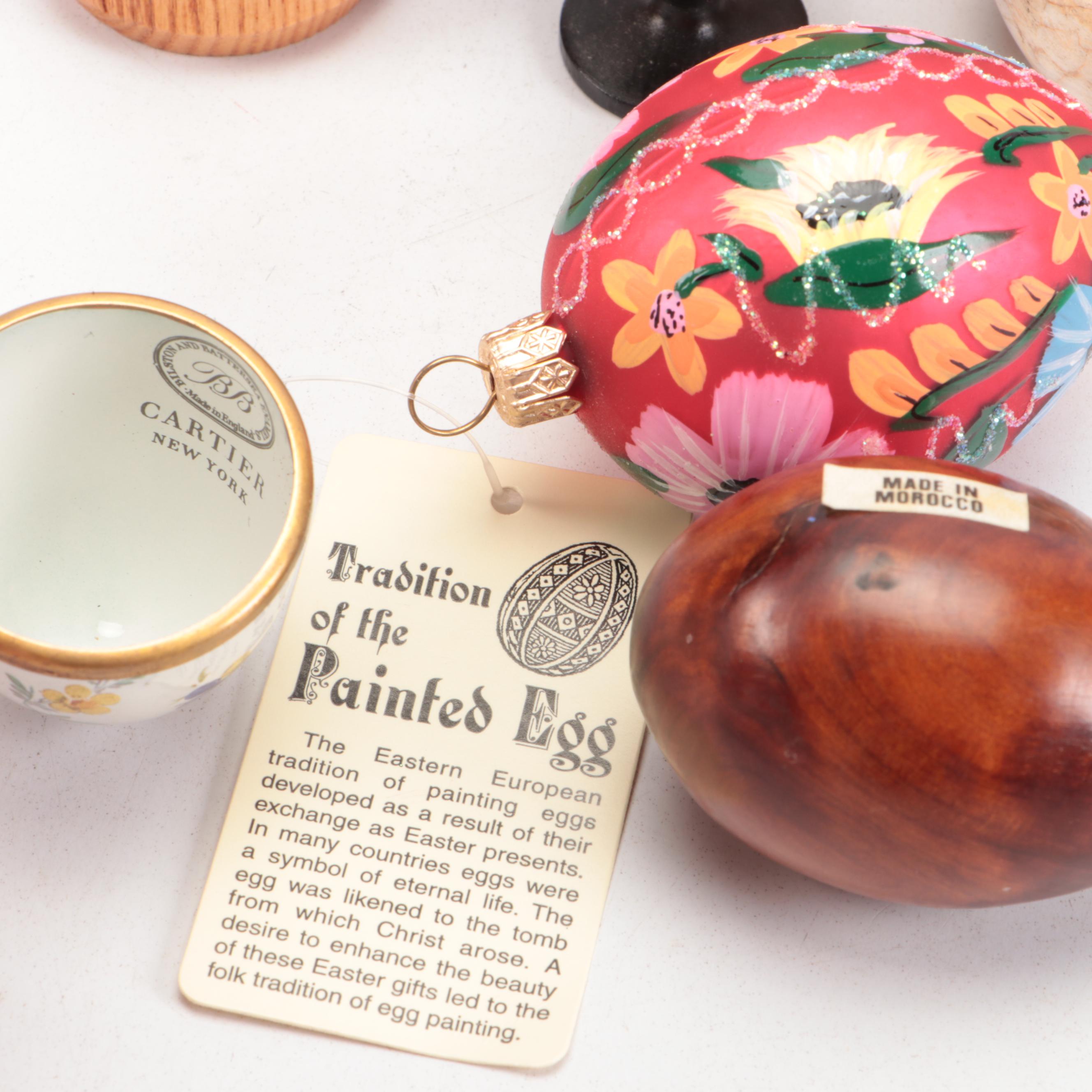 Carved Wood, Paint Decorated, Enamel and Stone Egg Figurines