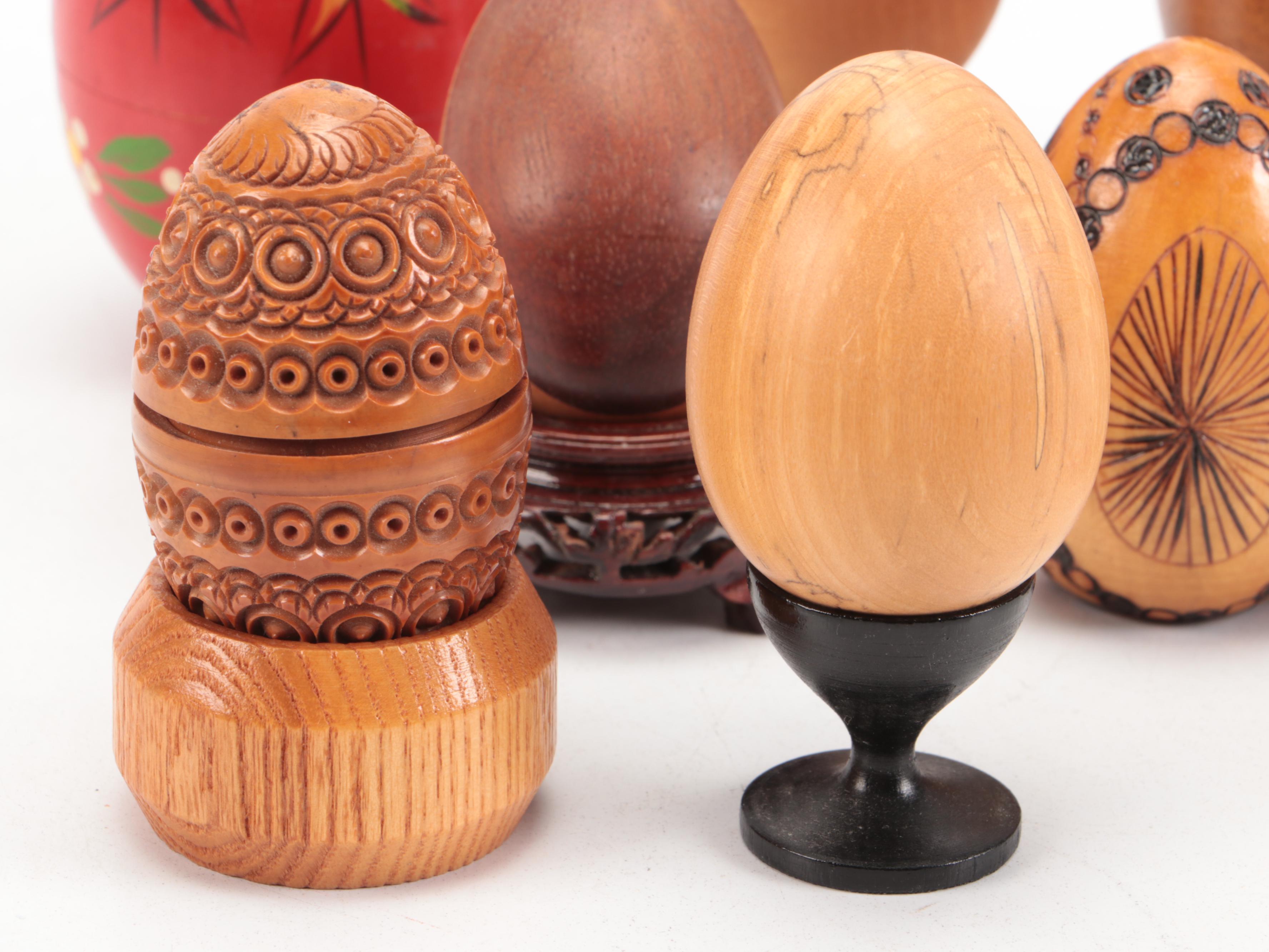Carved Wood, Paint Decorated, Enamel and Stone Egg Figurines