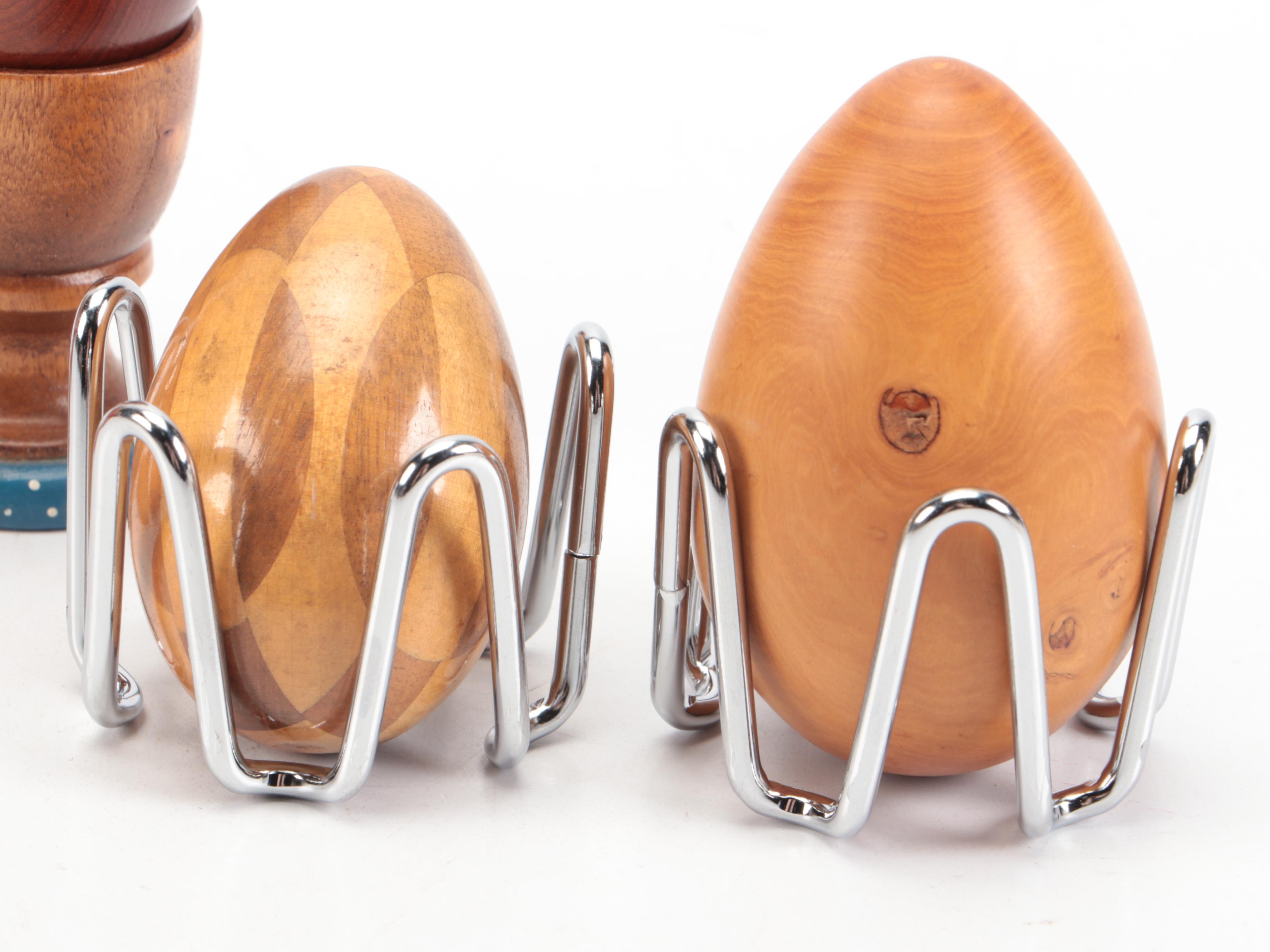 Carved Wood, Paint Decorated, Enamel and Stone Egg Figurines