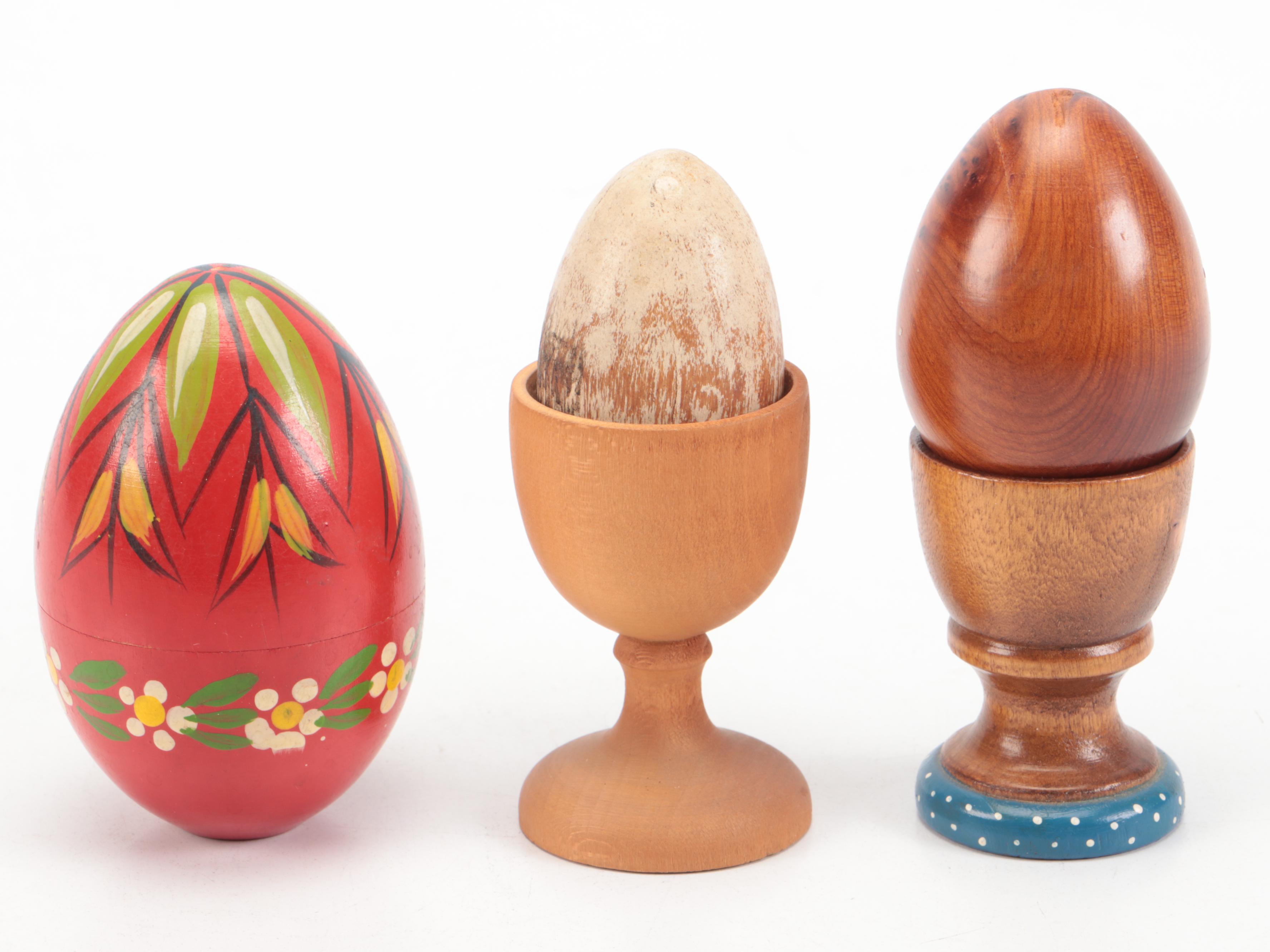 Carved Wood, Paint Decorated, Enamel and Stone Egg Figurines