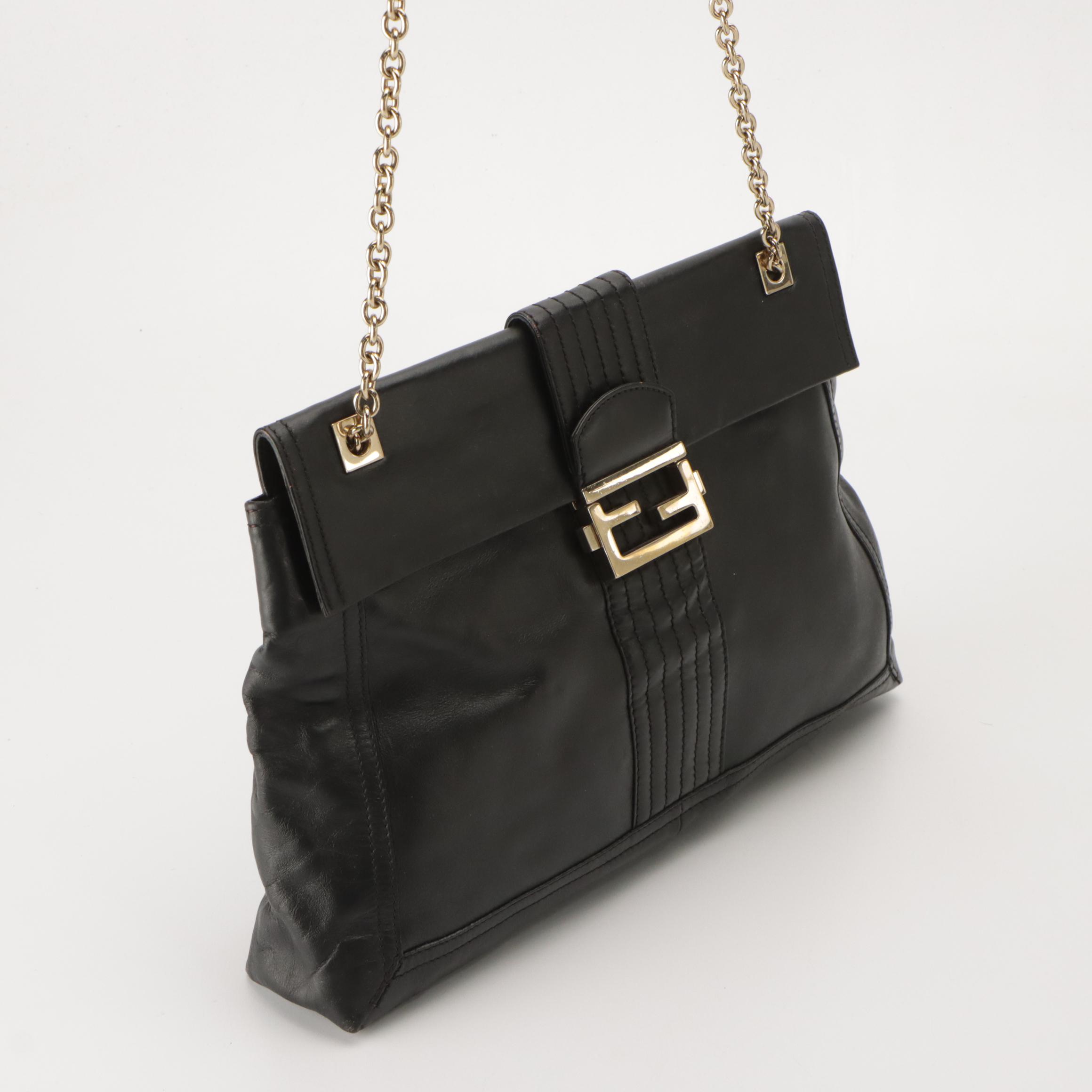 Fendi FF Flap Chain Strap Bag in Black Calfskin Leather