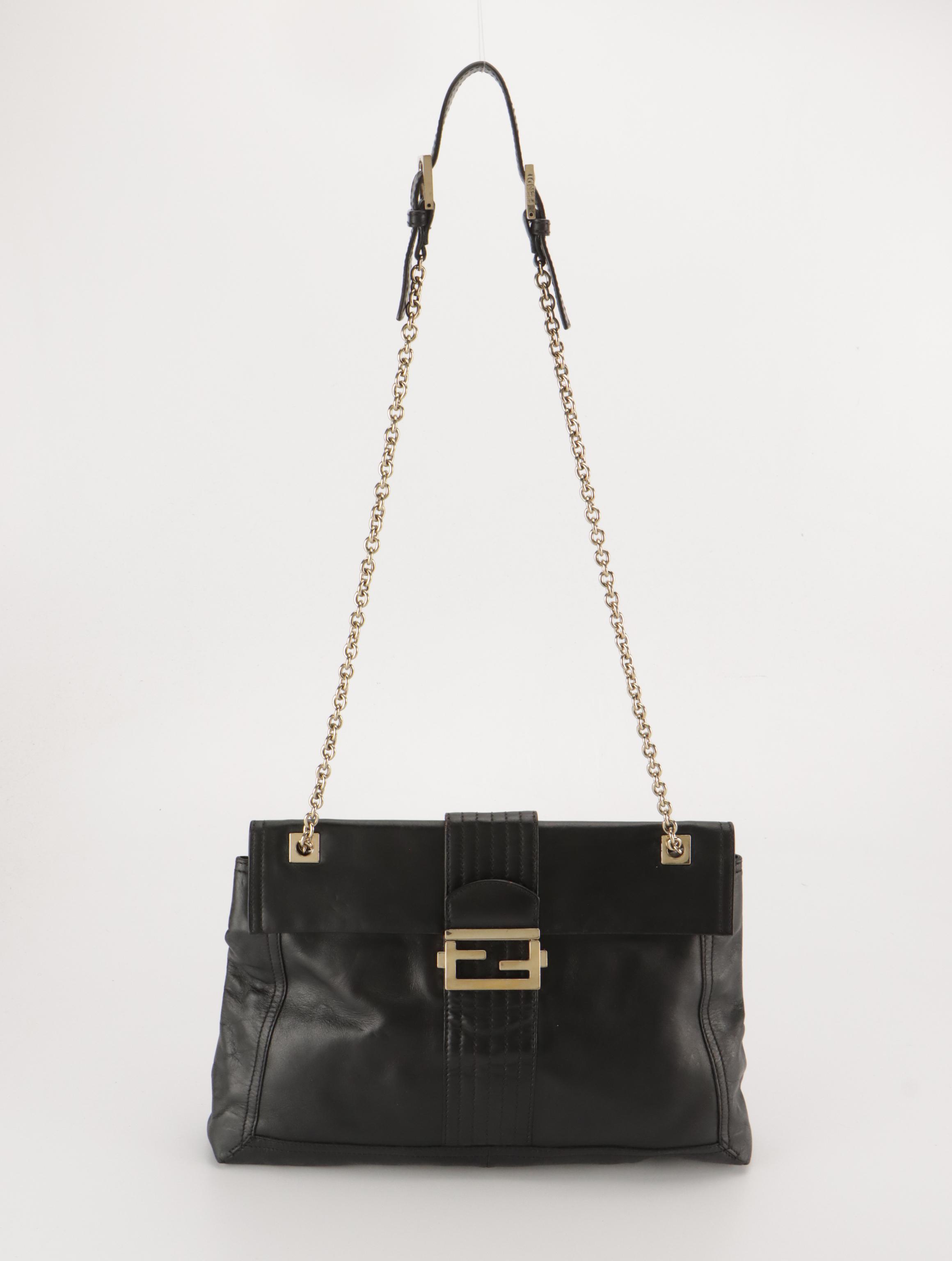 Fendi FF Flap Chain Strap Bag in Black Calfskin Leather