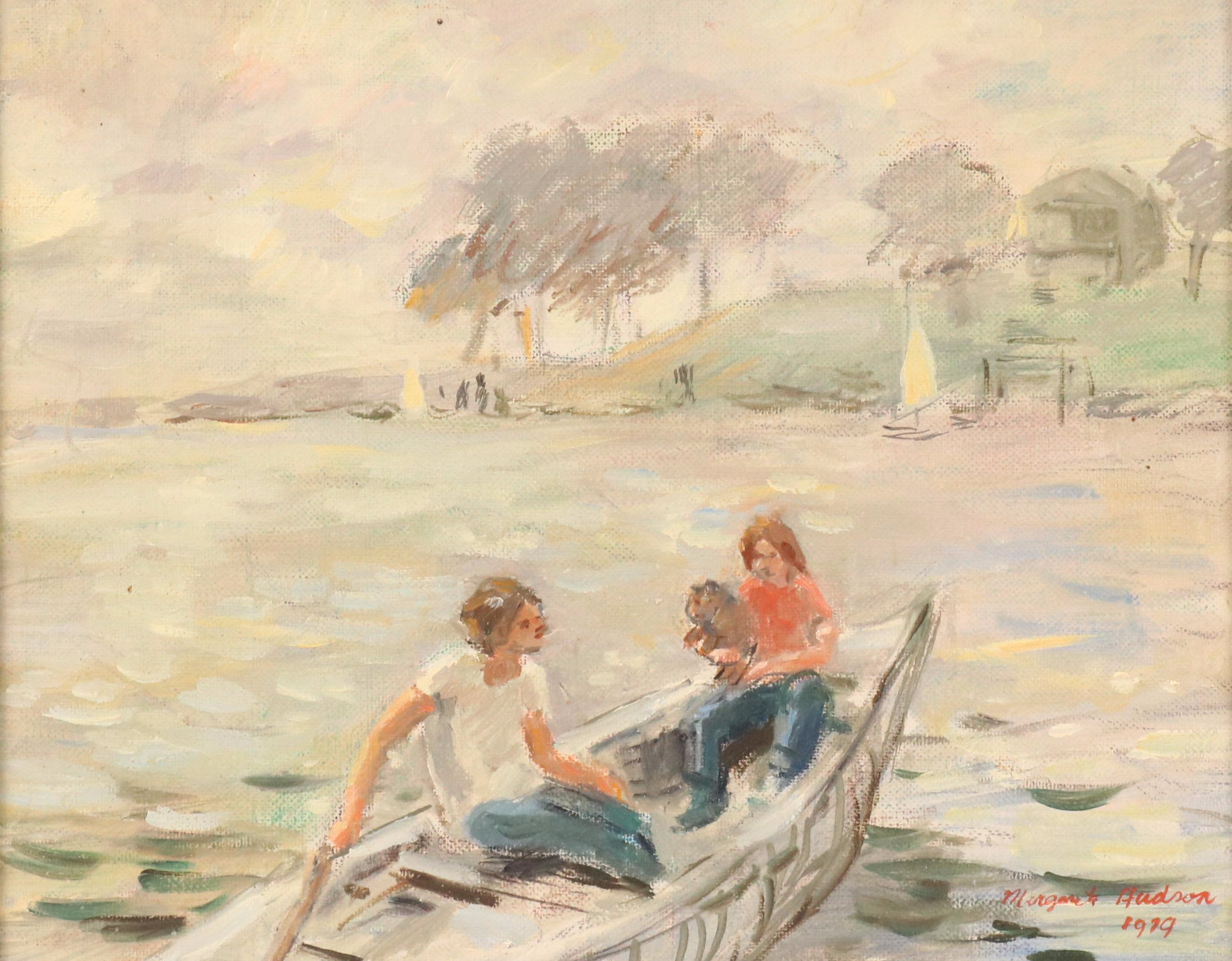 Margaret Hudson Oil Painting of Figures in Rowboat, 1979