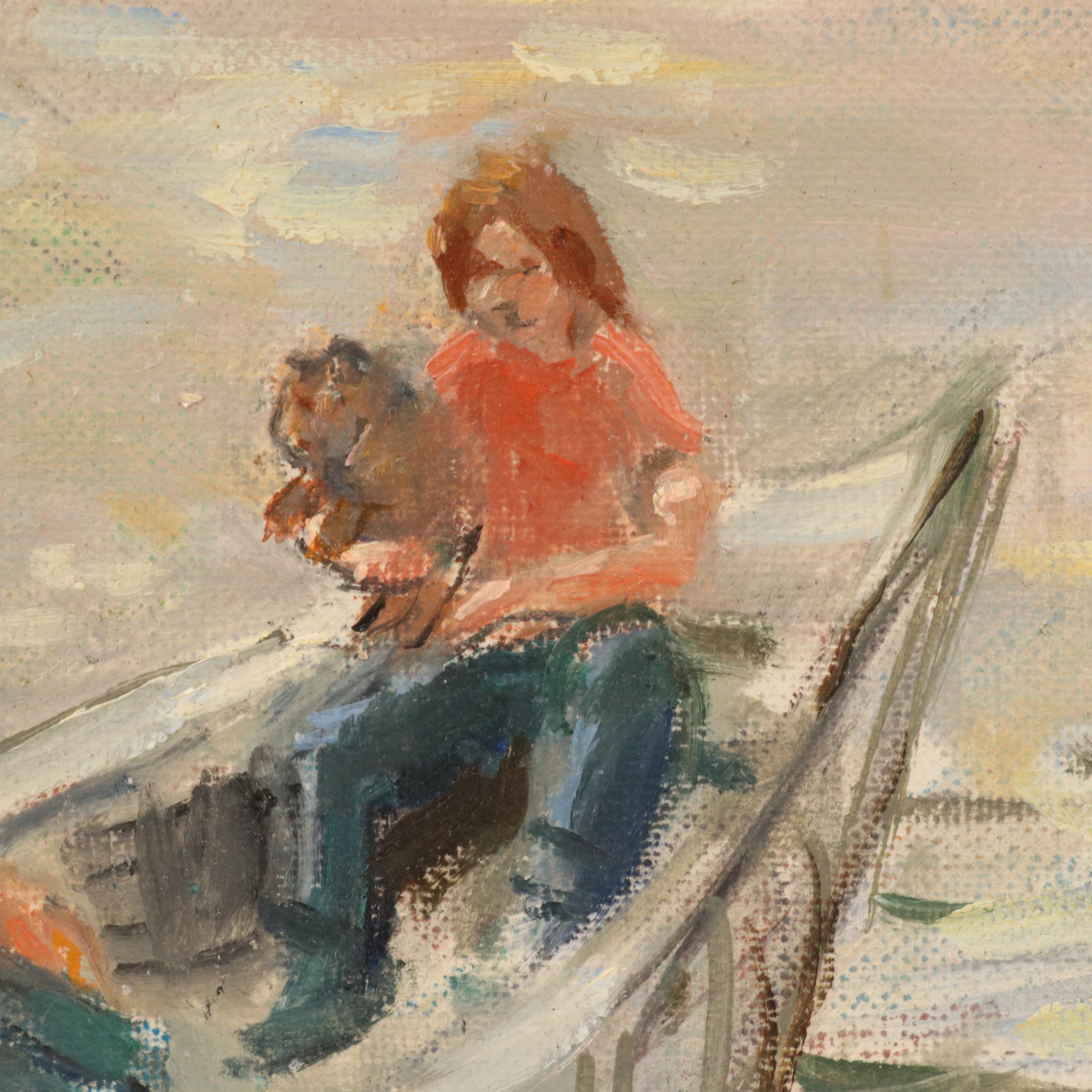 Margaret Hudson Oil Painting of Figures in Rowboat, 1979