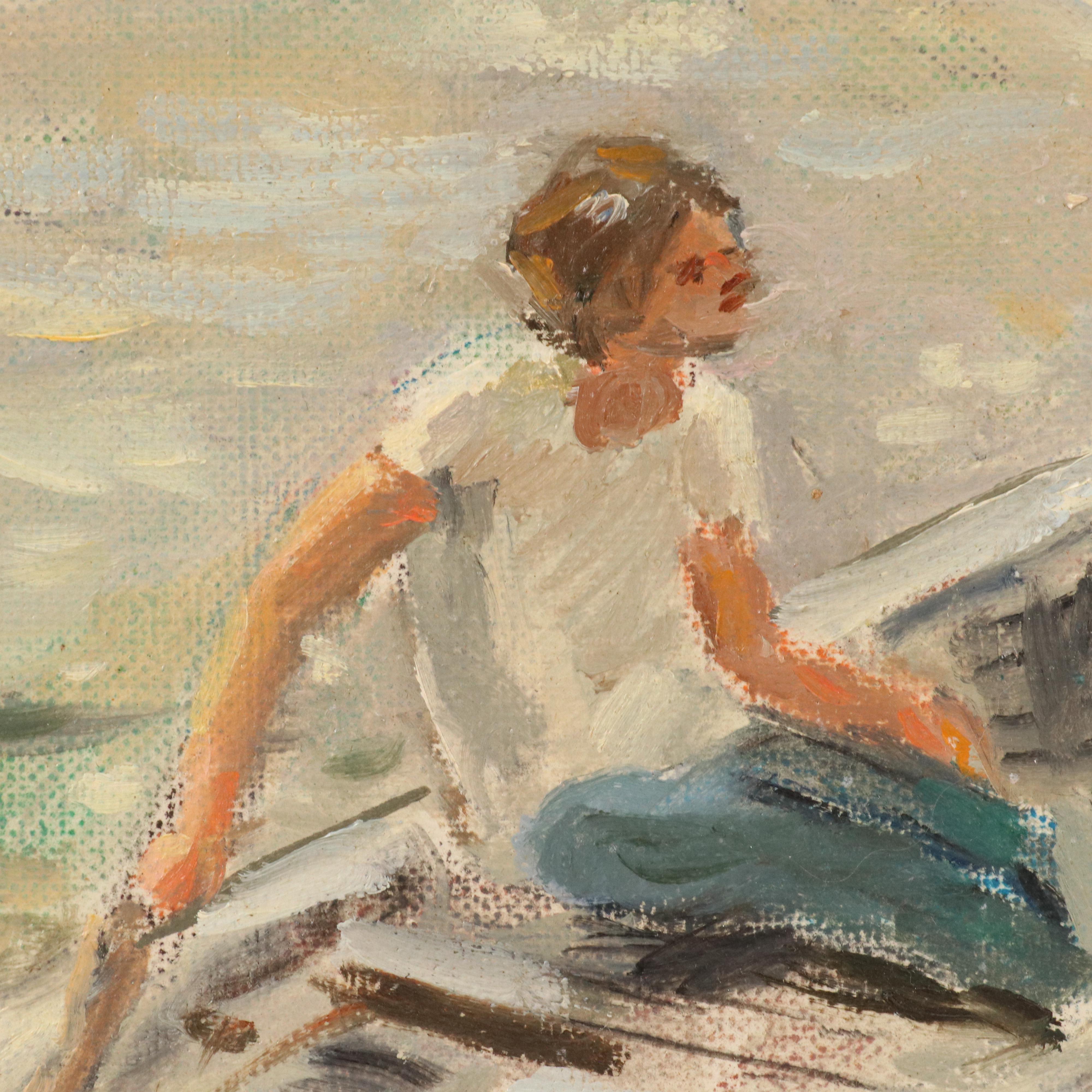Margaret Hudson Oil Painting of Figures in Rowboat, 1979