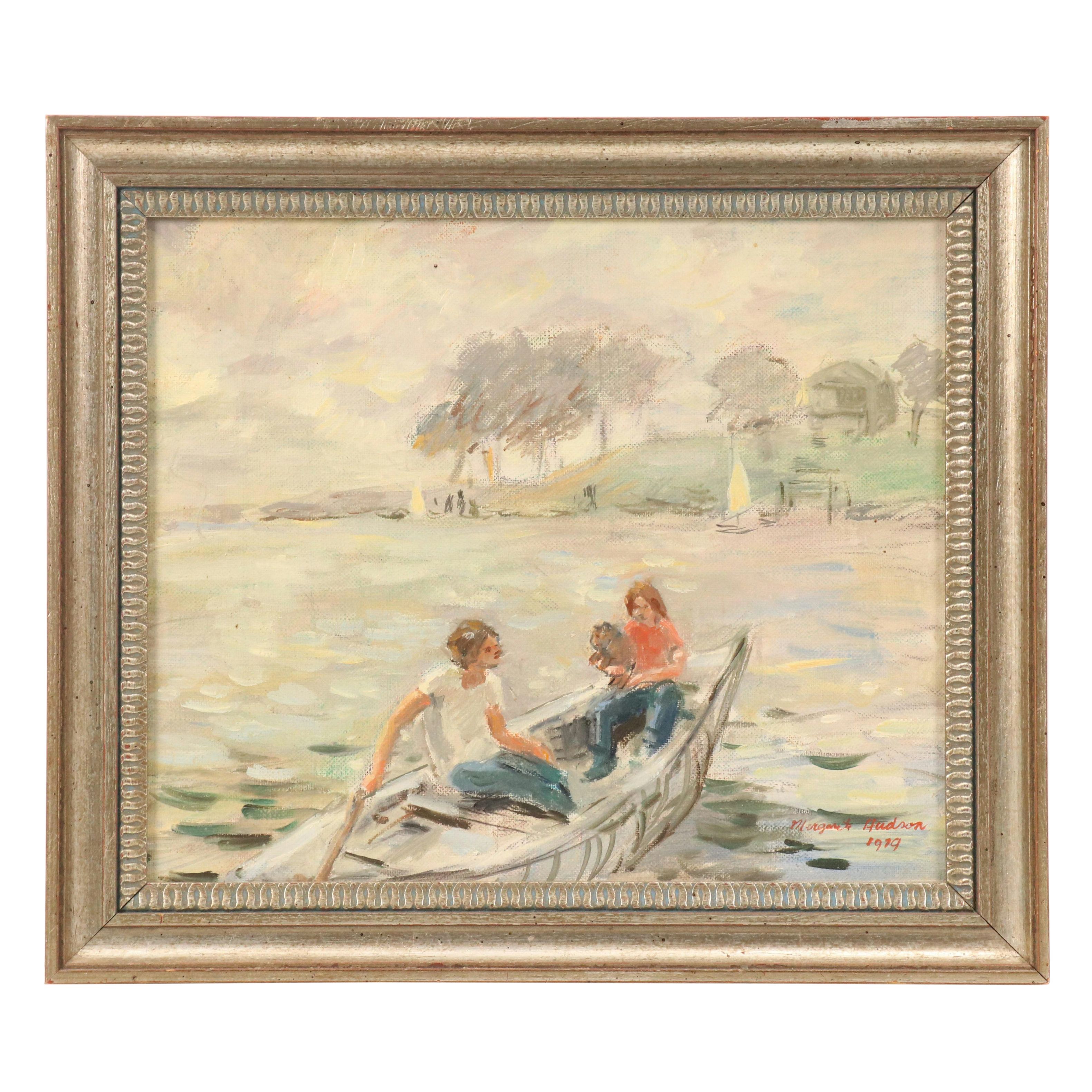 Margaret Hudson Oil Painting of Figures in Rowboat, 1979