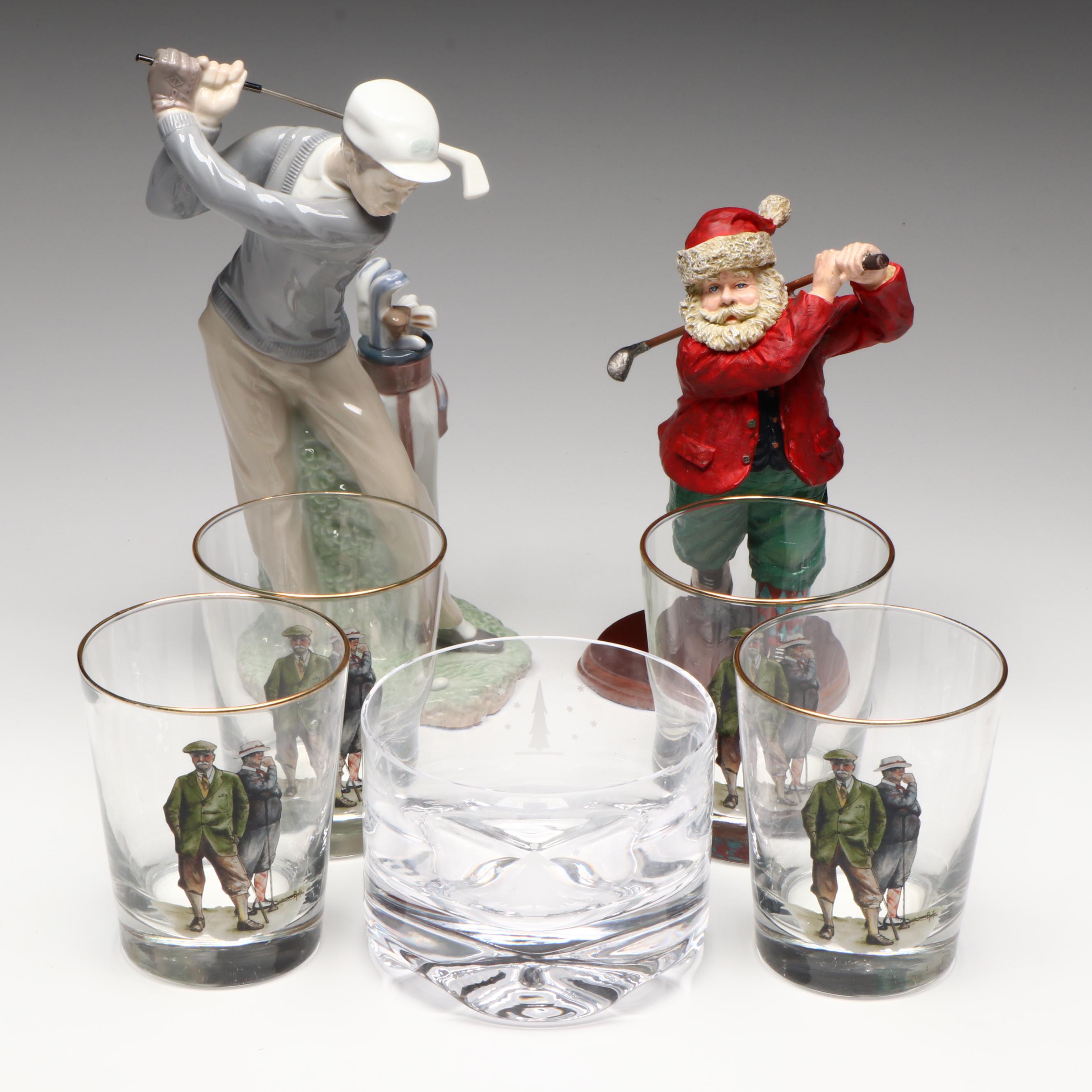 Lladró Porcelain Golfer and Golf Themed Gilt Rim Glasses