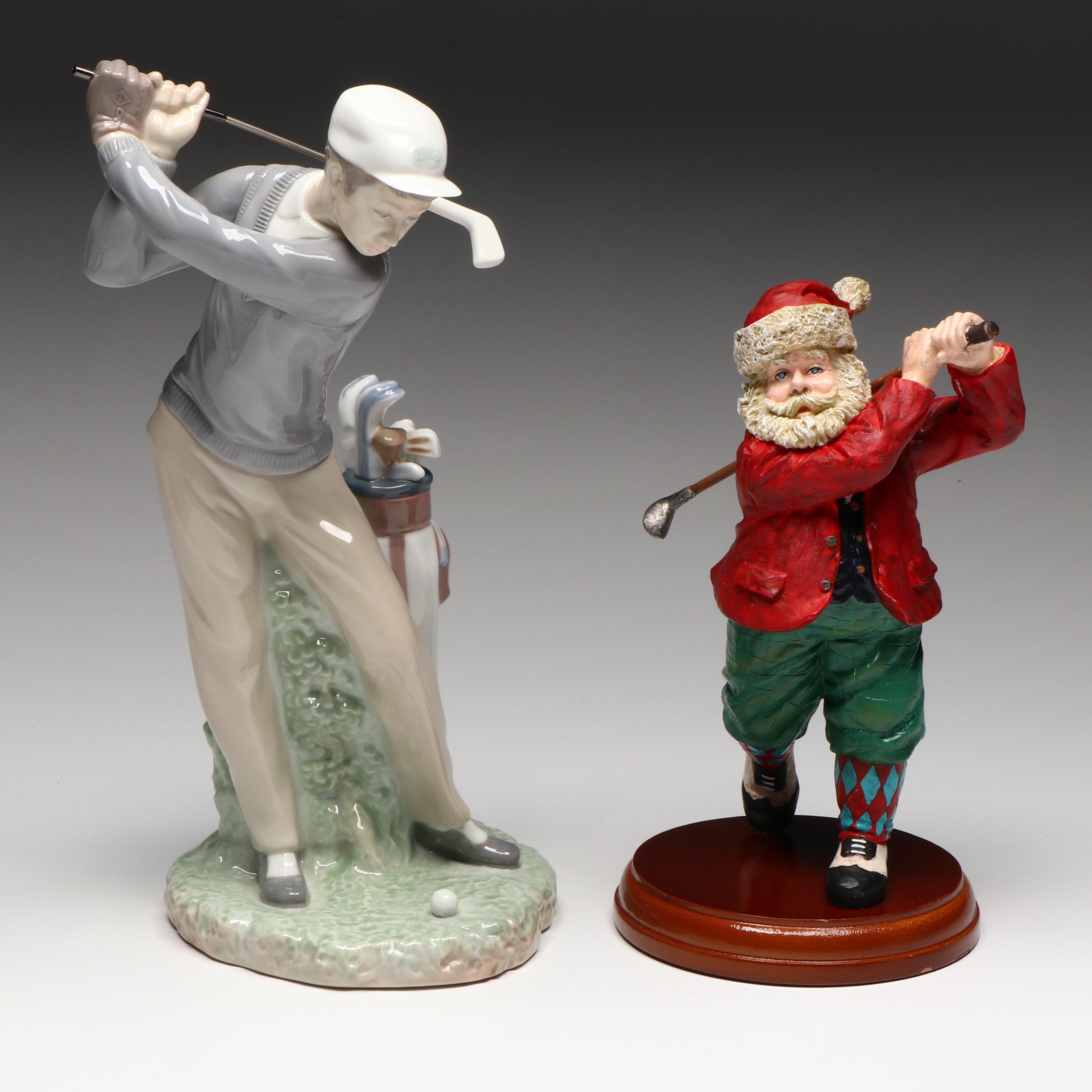 Lladró Porcelain Golfer and Golf Themed Gilt Rim Glasses
