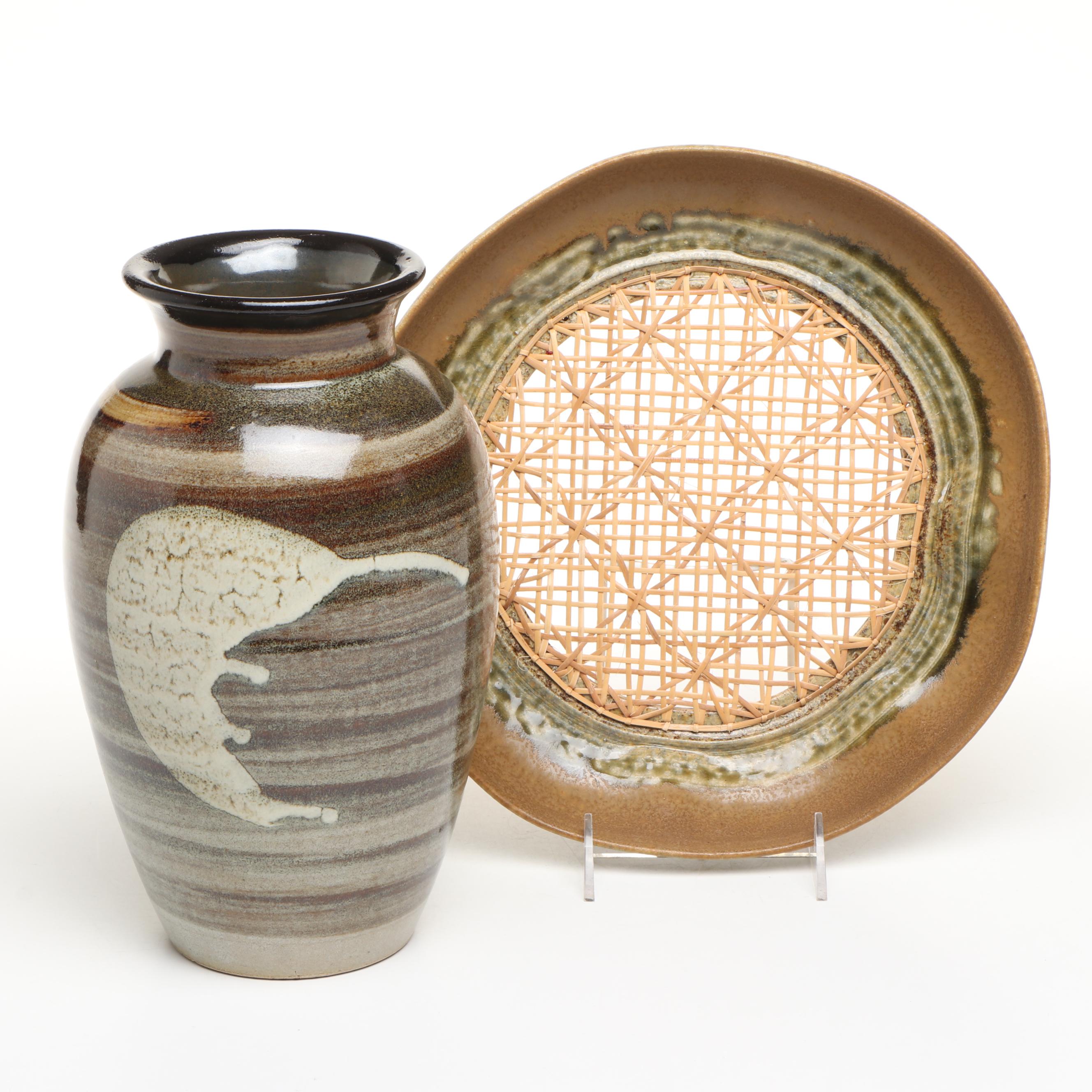 Tim Roth Studio Pottery & Cane Platter with Mashiko-Yaki Stoneware Vase