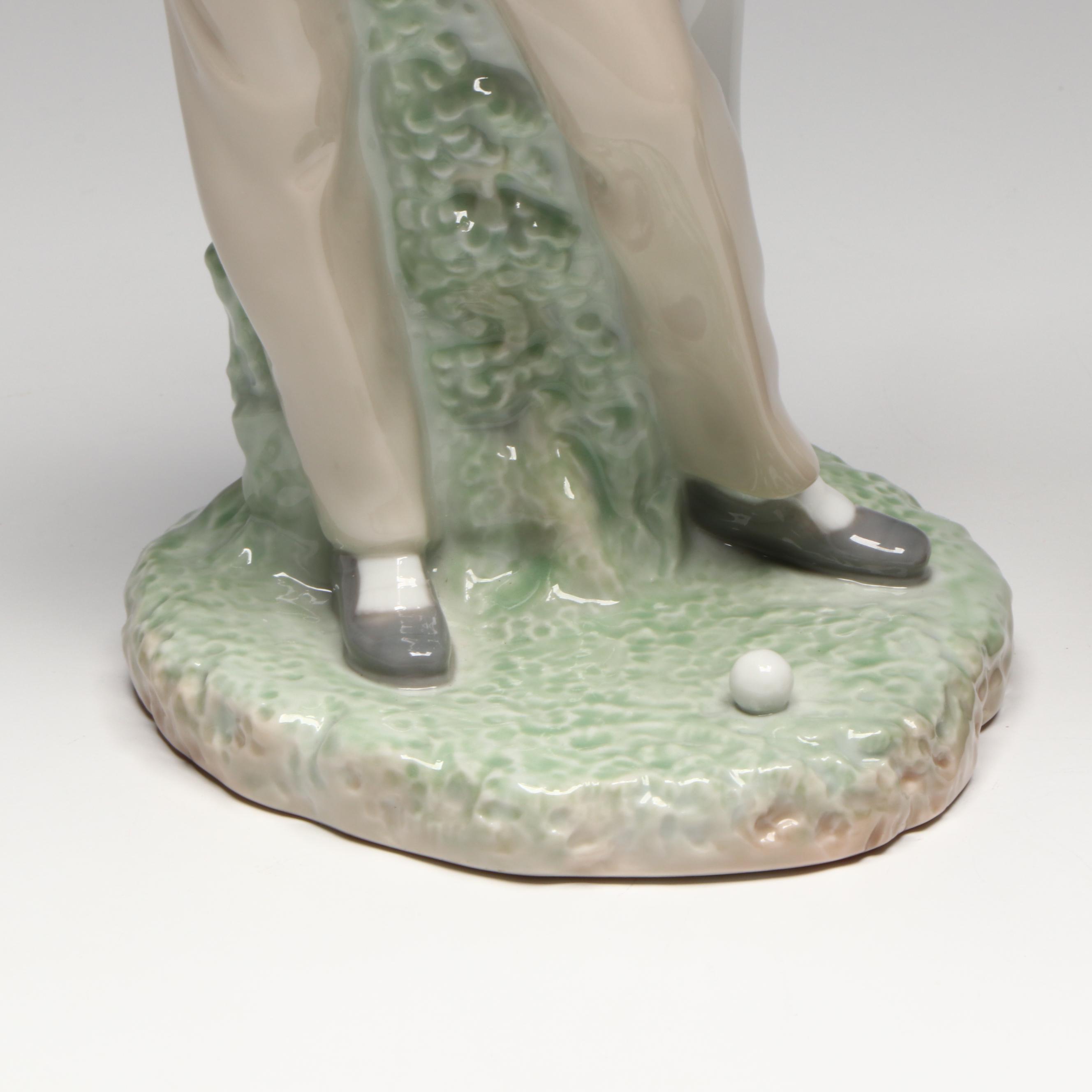 Lladró Porcelain Golfer and Golf Themed Gilt Rim Glasses