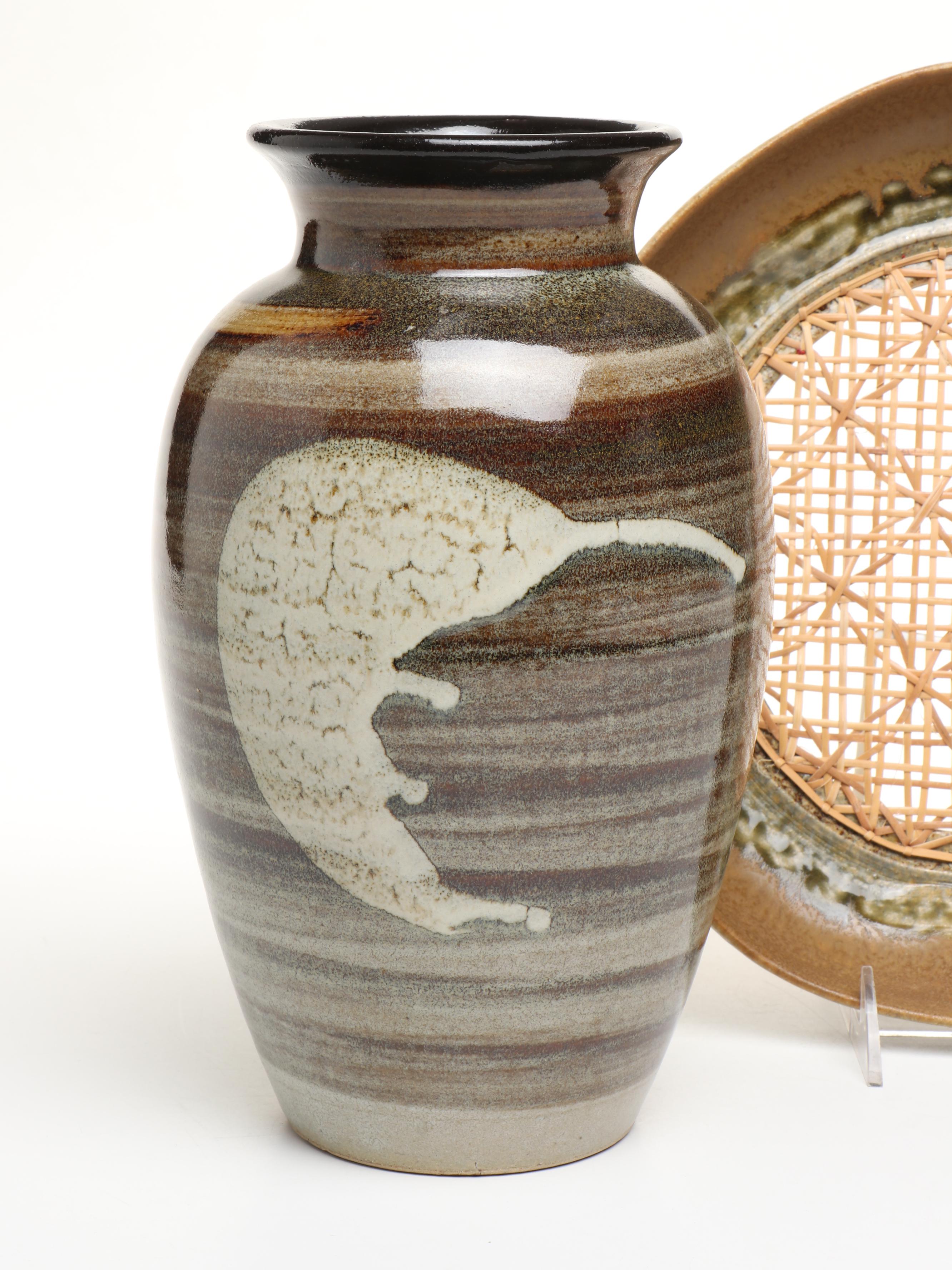 Tim Roth Studio Pottery & Cane Platter with Mashiko-Yaki Stoneware Vase