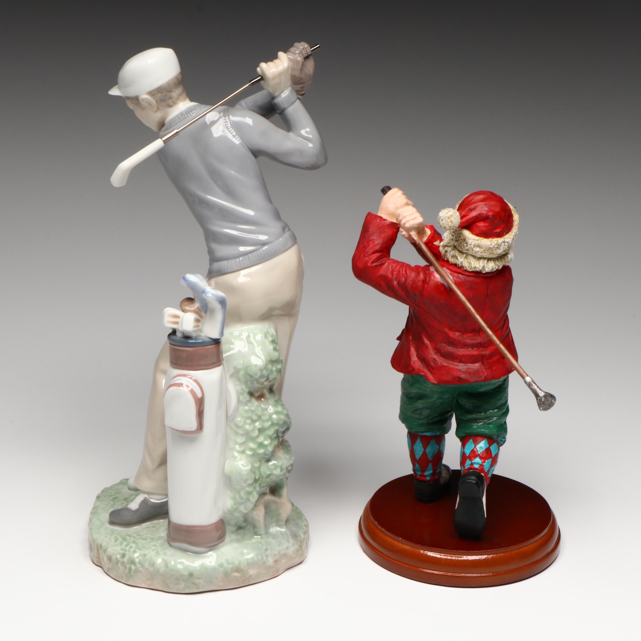 Lladró Porcelain Golfer and Golf Themed Gilt Rim Glasses