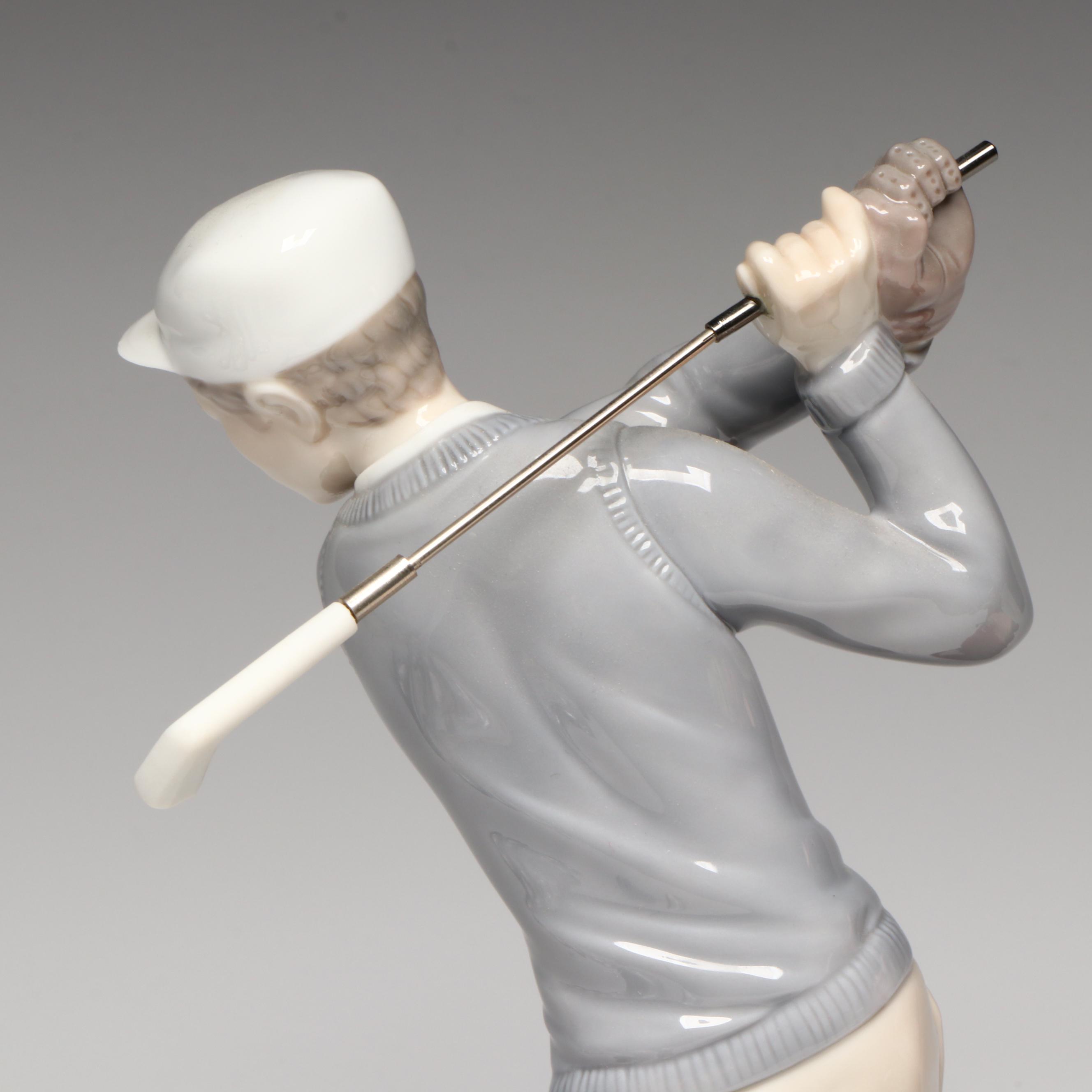 Lladró Porcelain Golfer and Golf Themed Gilt Rim Glasses