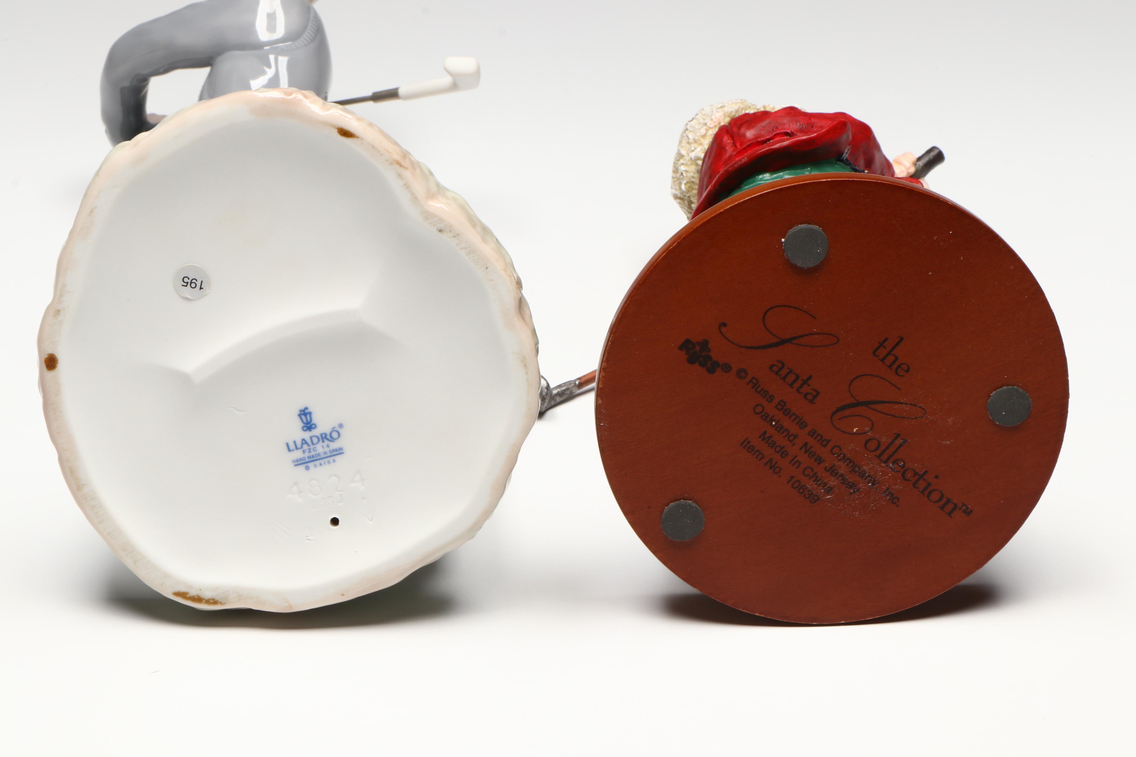 Lladró Porcelain Golfer and Golf Themed Gilt Rim Glasses