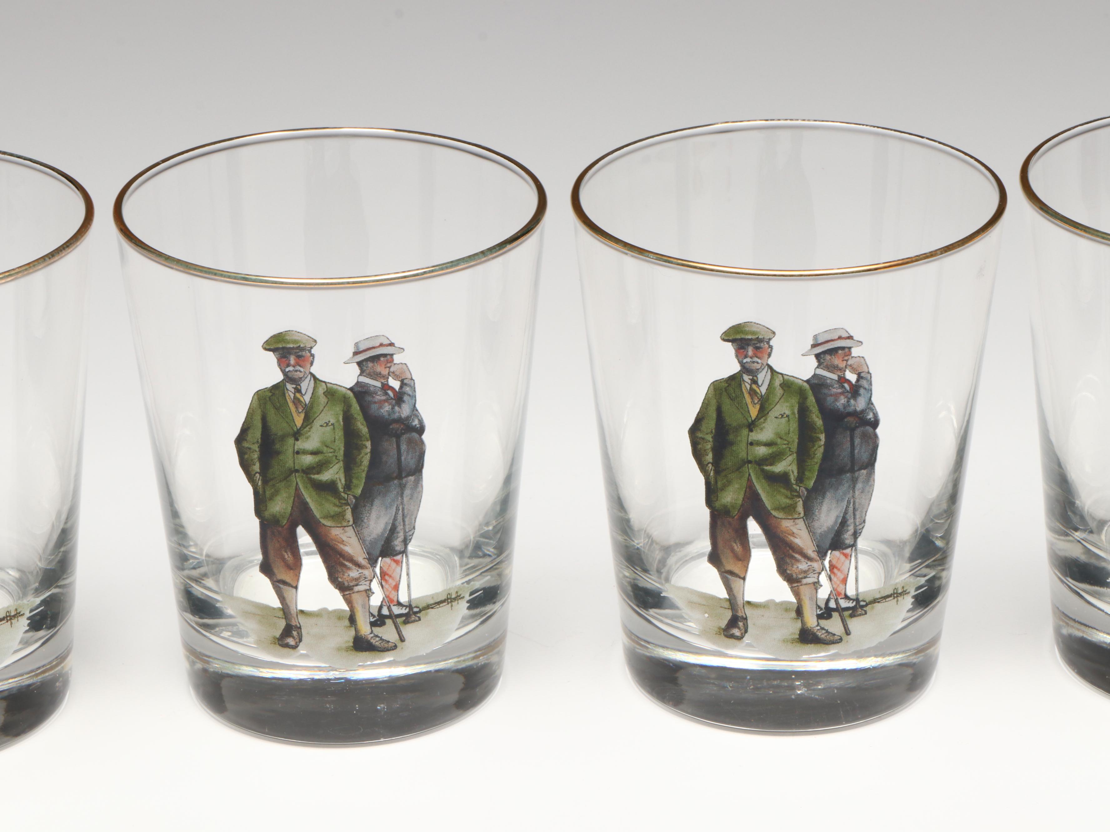 Lladró Porcelain Golfer and Golf Themed Gilt Rim Glasses