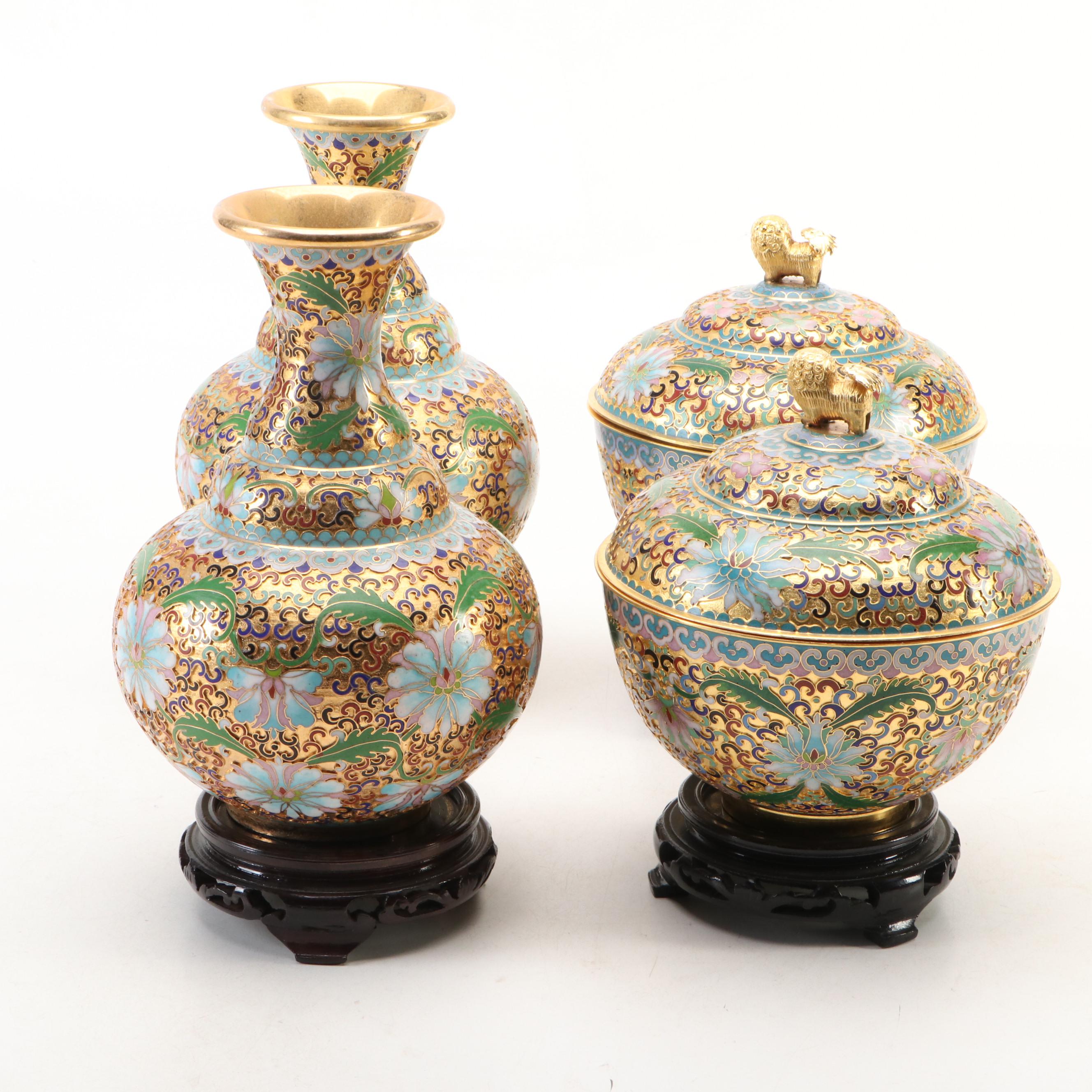 Chinese Cloisonné Vase and Guardian Lion Finialed Lidded Jar Collection