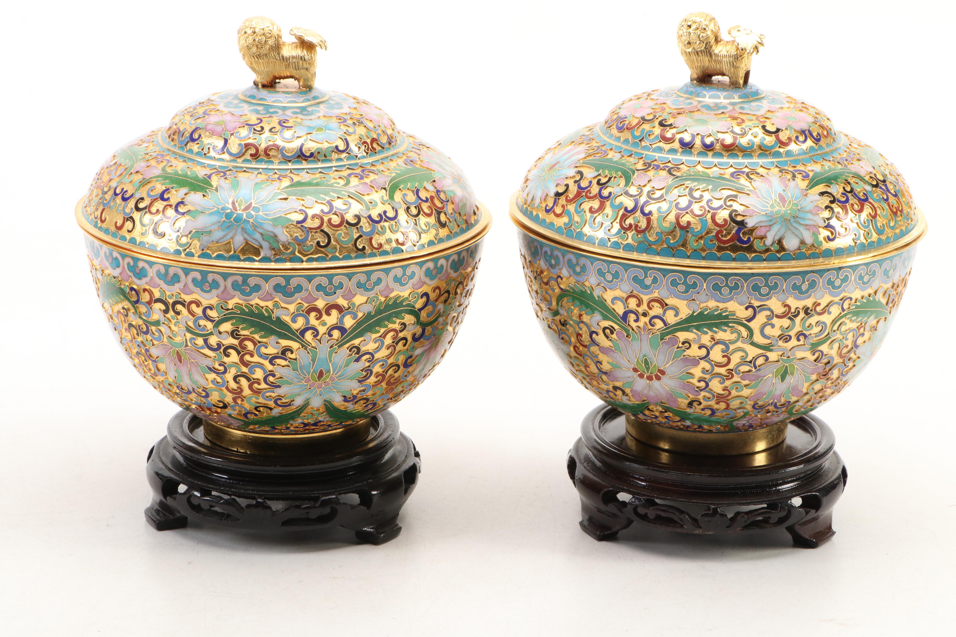 Chinese Cloisonné Vase and Guardian Lion Finialed Lidded Jar Collection