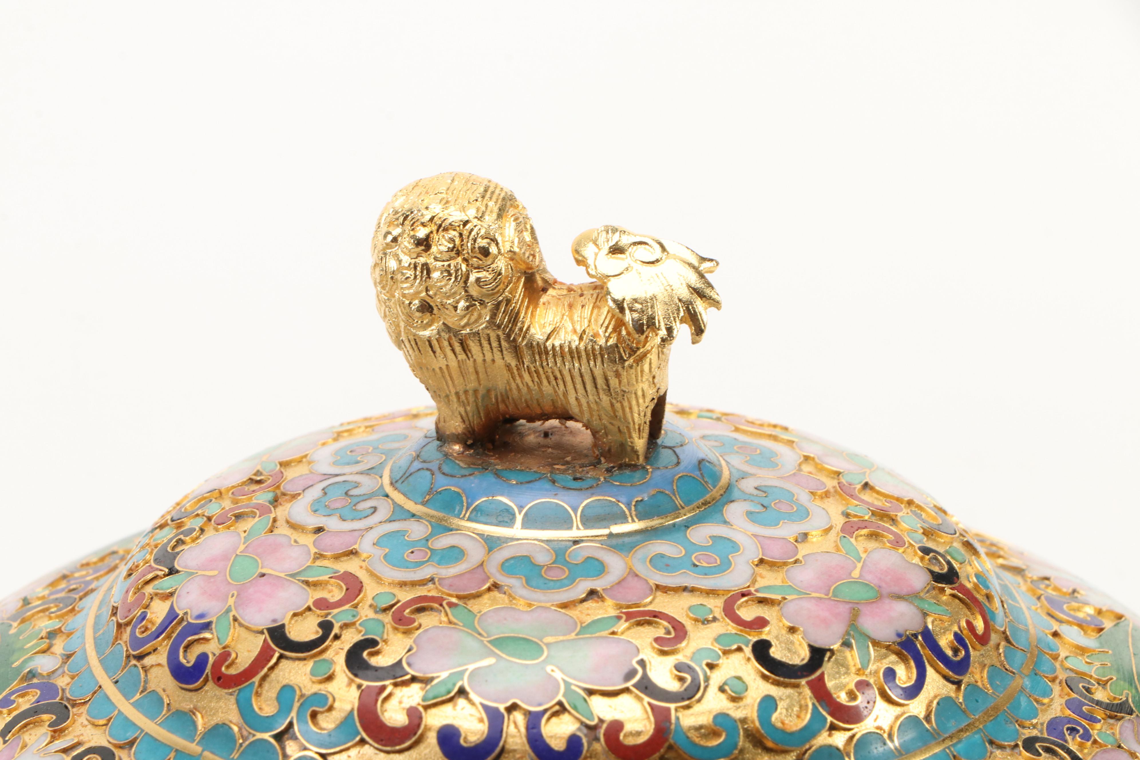 Chinese Cloisonné Vase and Guardian Lion Finialed Lidded Jar Collection
