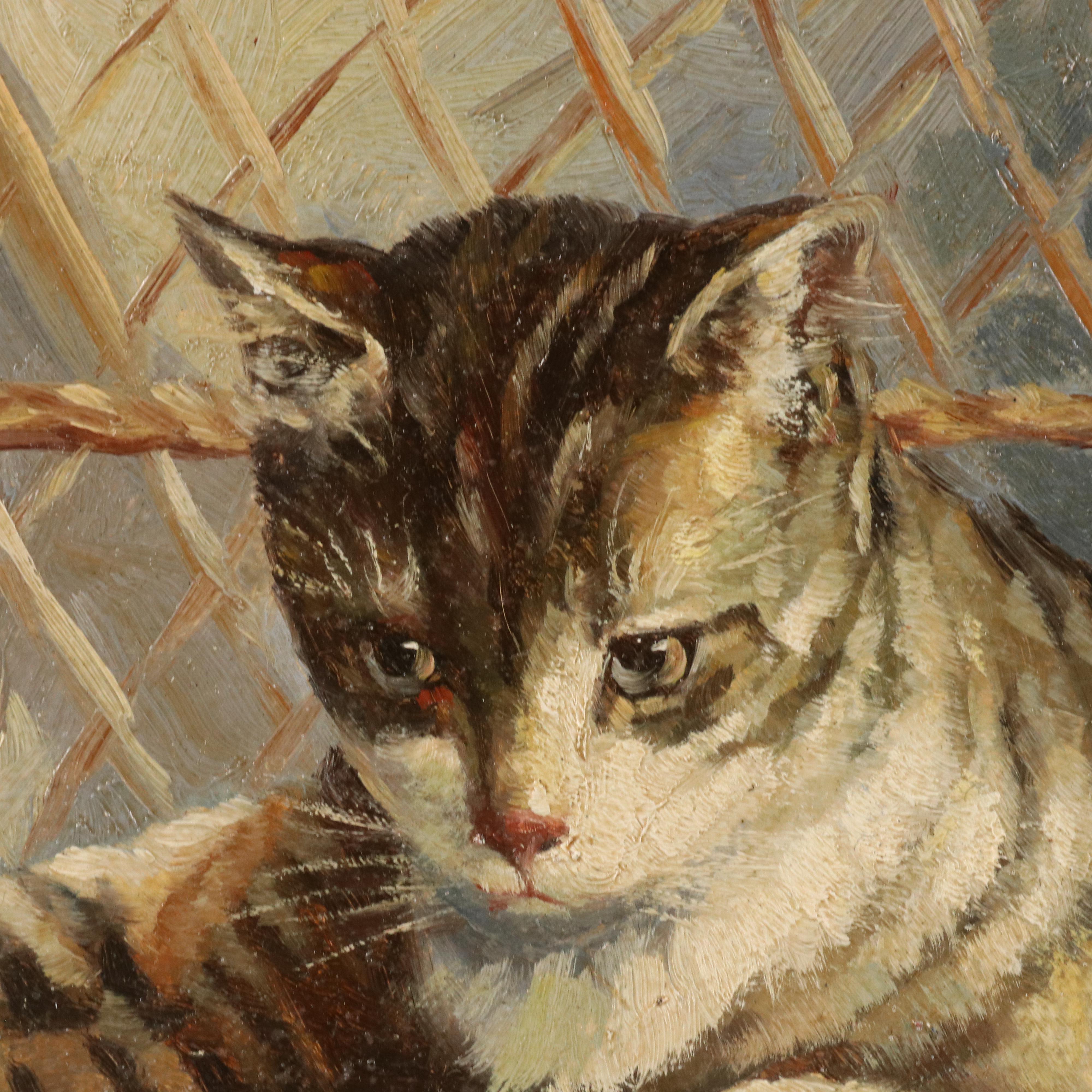 P. Besson Oil Painting of Cat Resting on Chair