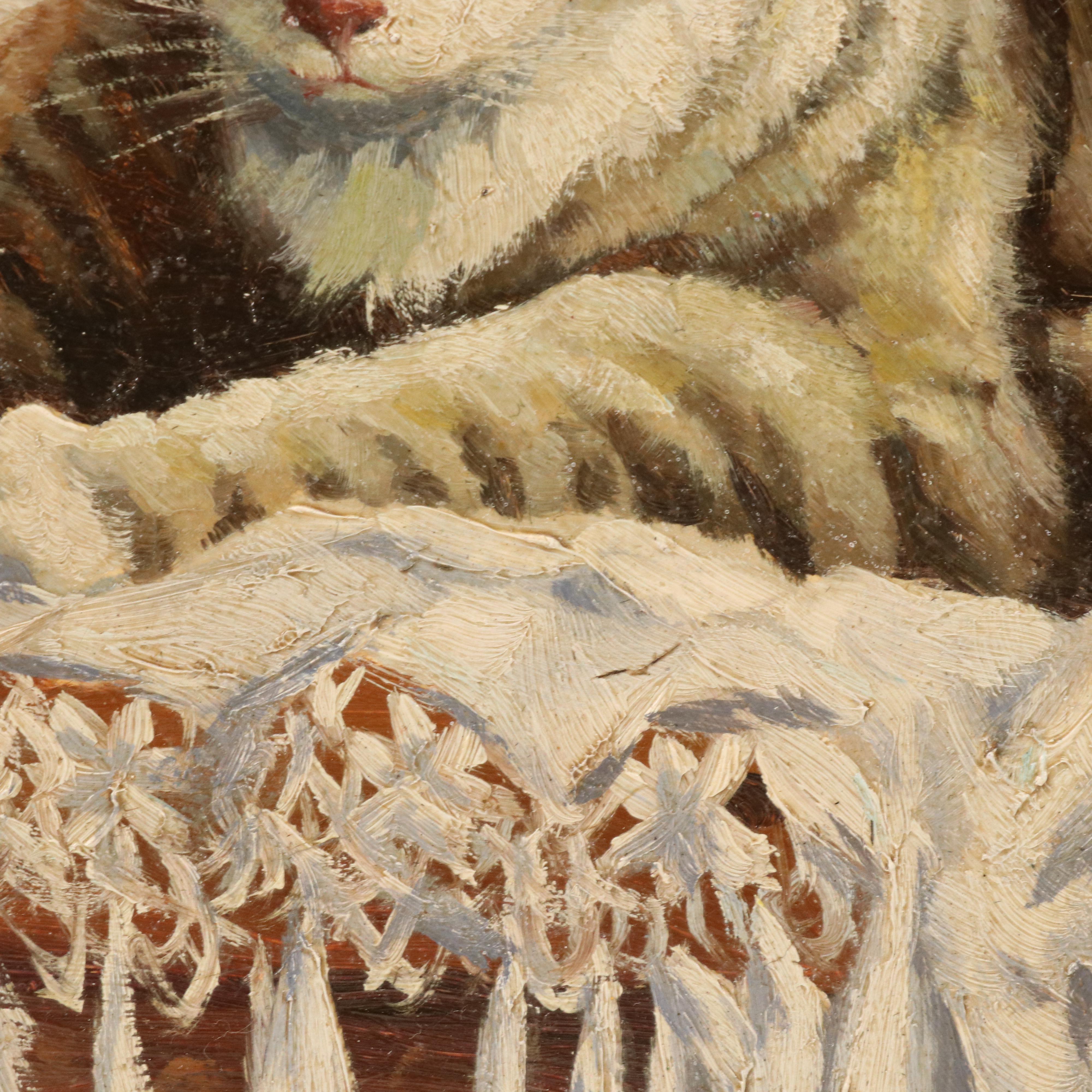 P. Besson Oil Painting of Cat Resting on Chair