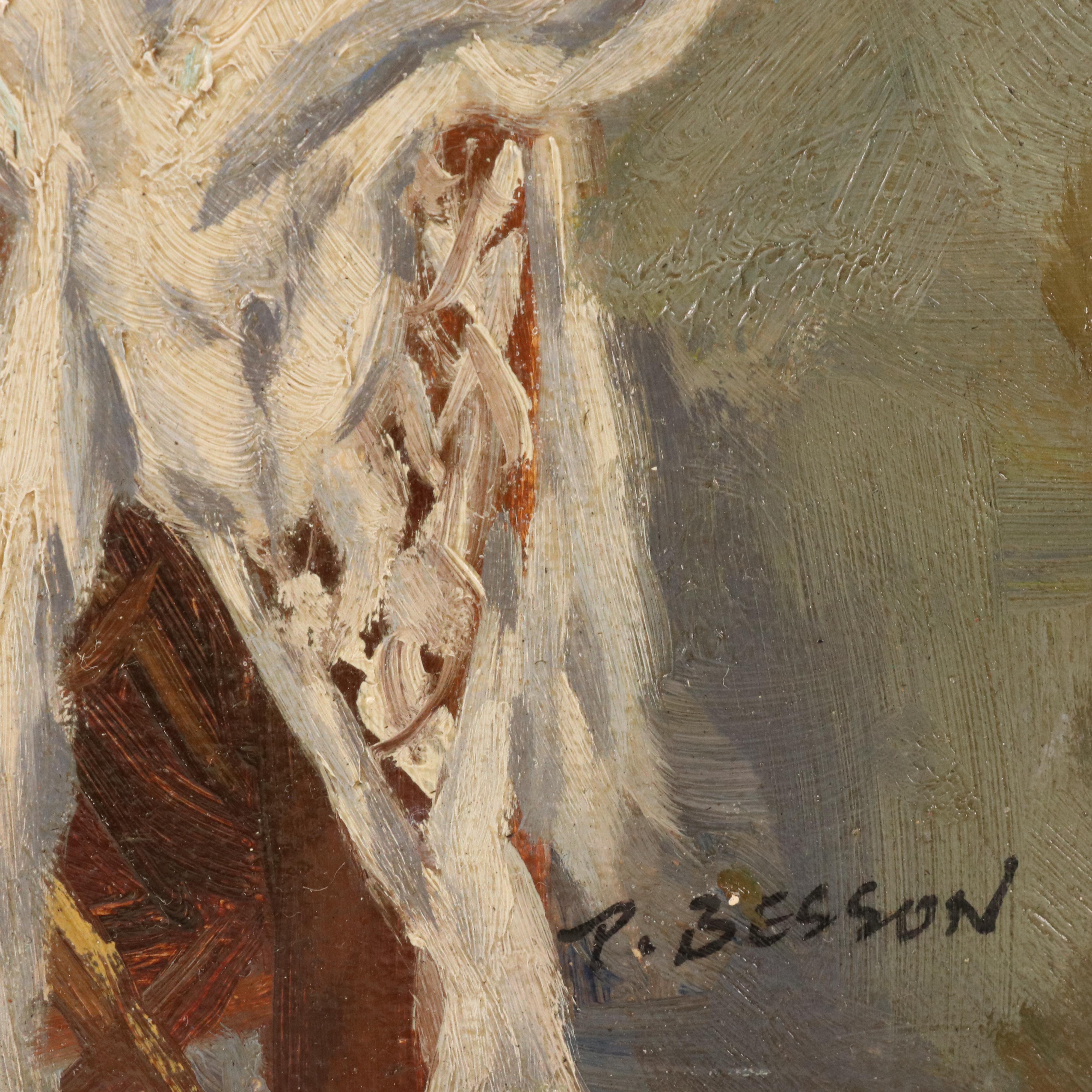 P. Besson Oil Painting of Cat Resting on Chair