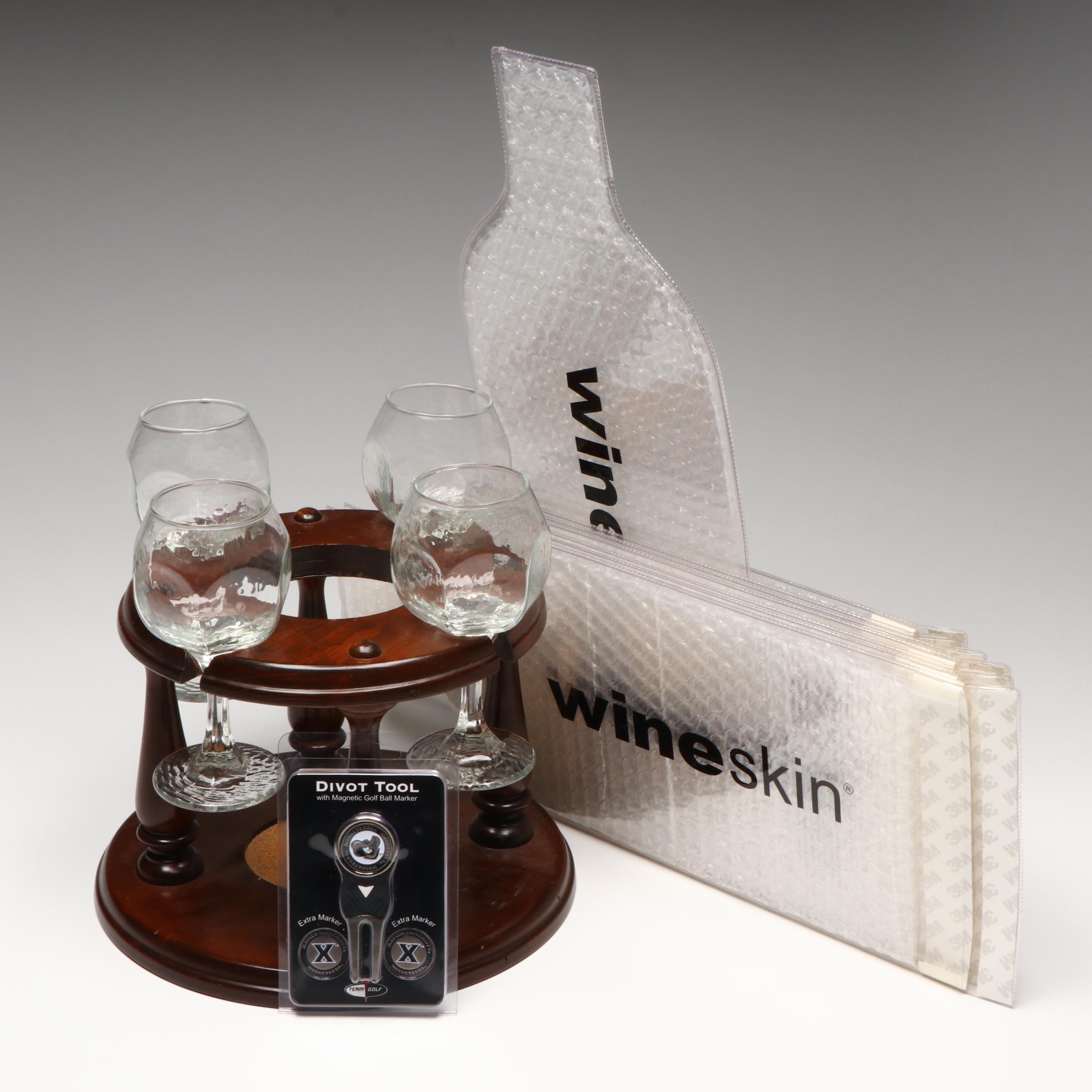 Wine Glasses and Round Wood Hanging Holder with Wineskin Bottle Bags