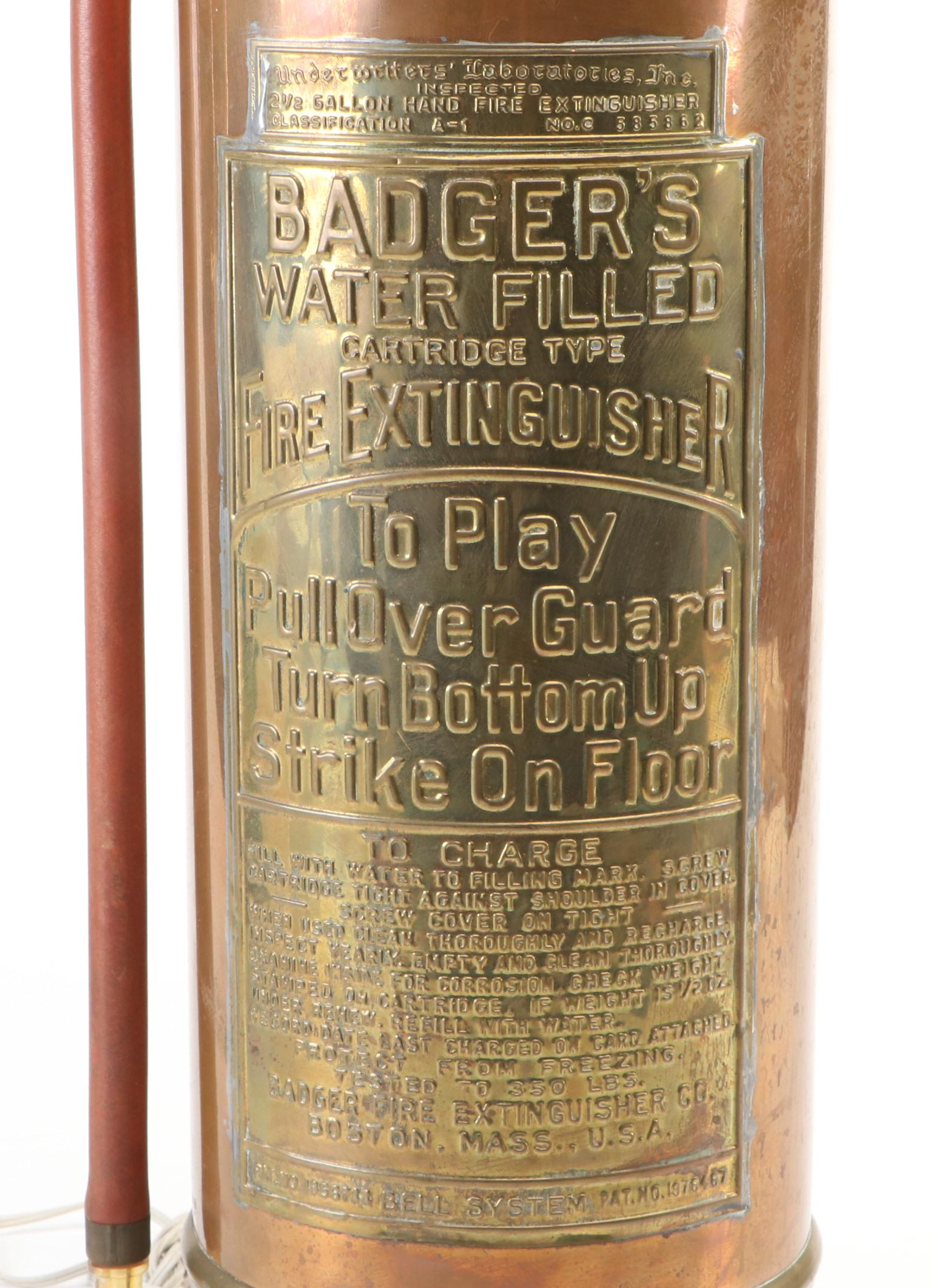 Badger's Copper and Brass Fire Extinguisher Adapted as Lamp, Mid-20th C.
