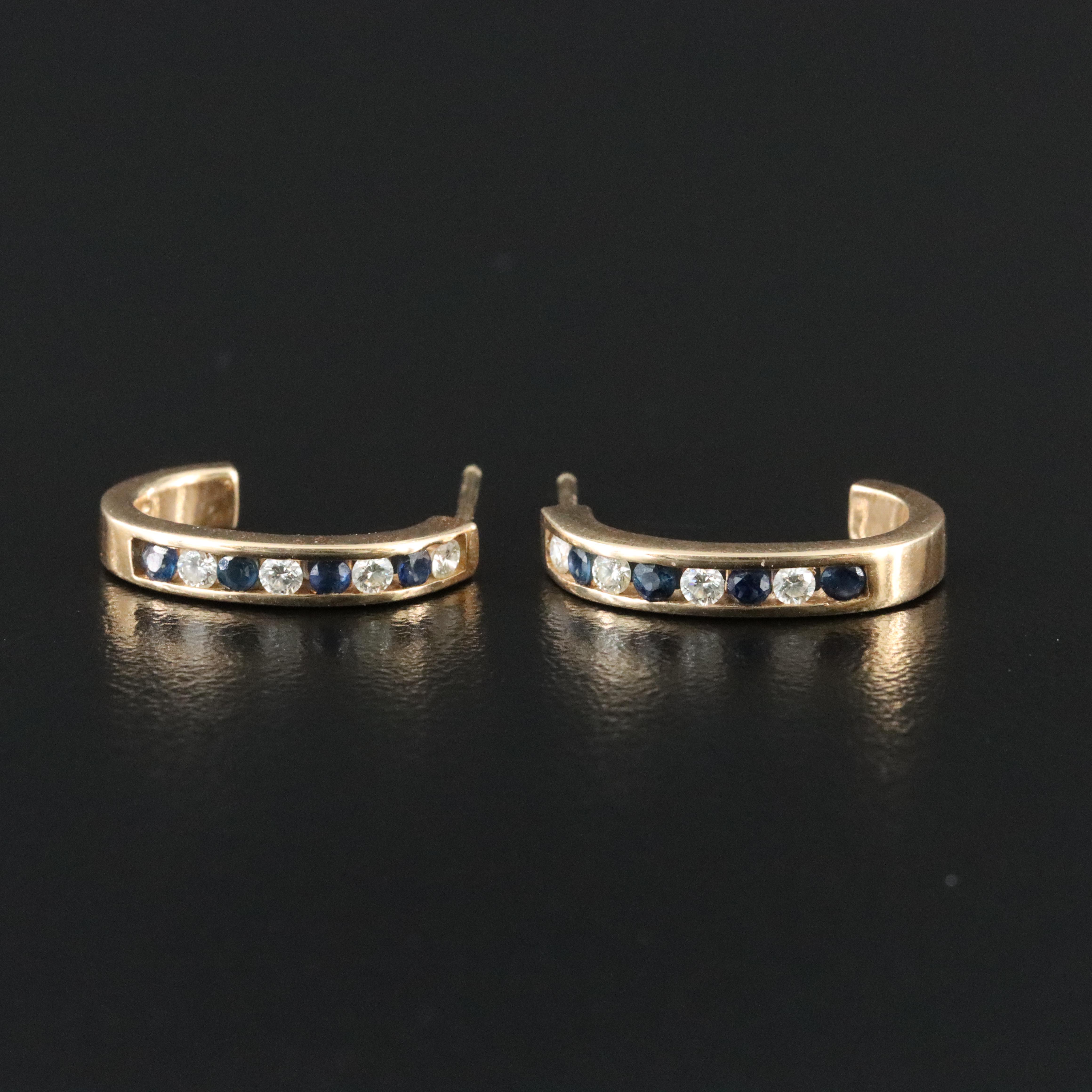 14K Diamond and Sapphire J Hoop Earrings