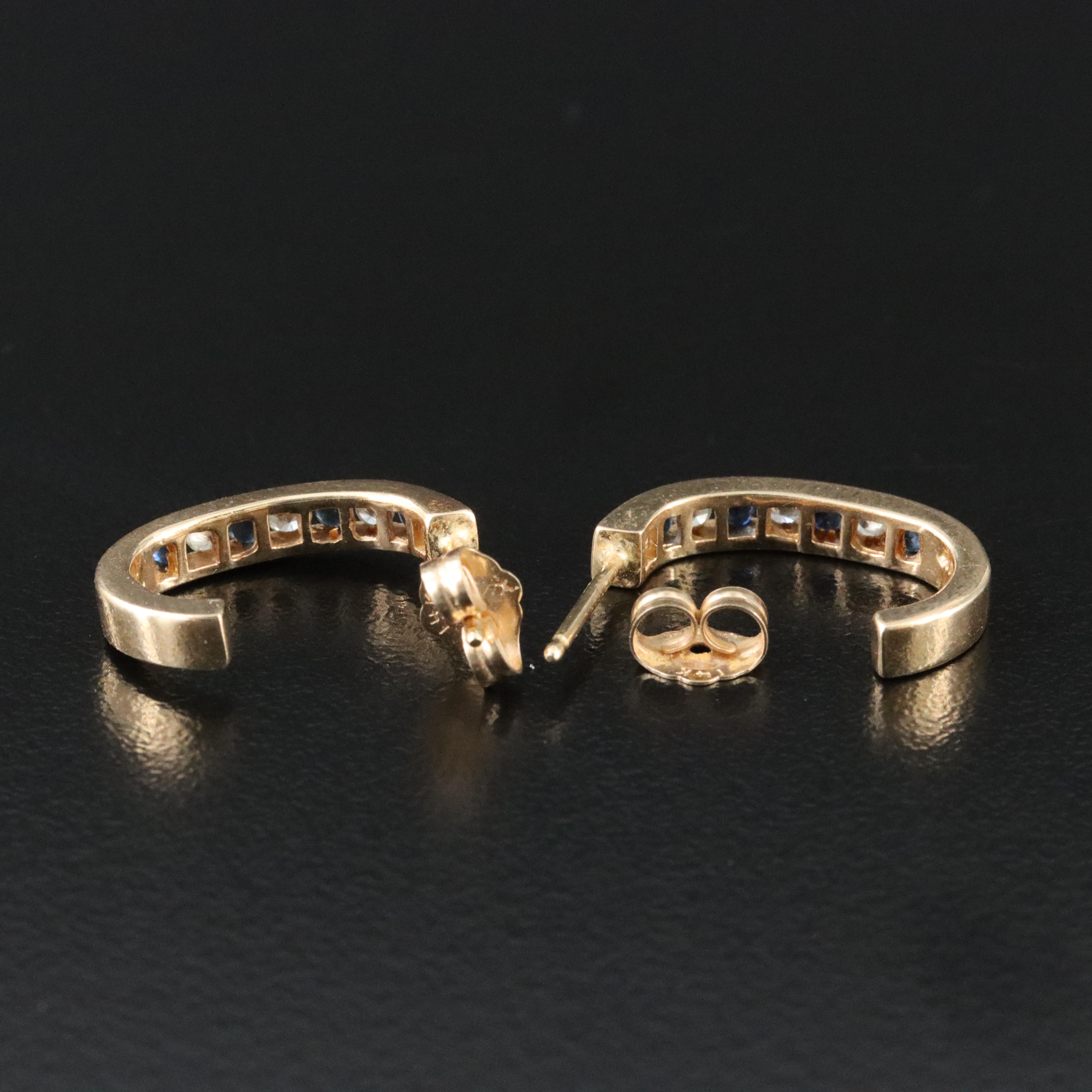 14K Diamond and Sapphire J Hoop Earrings