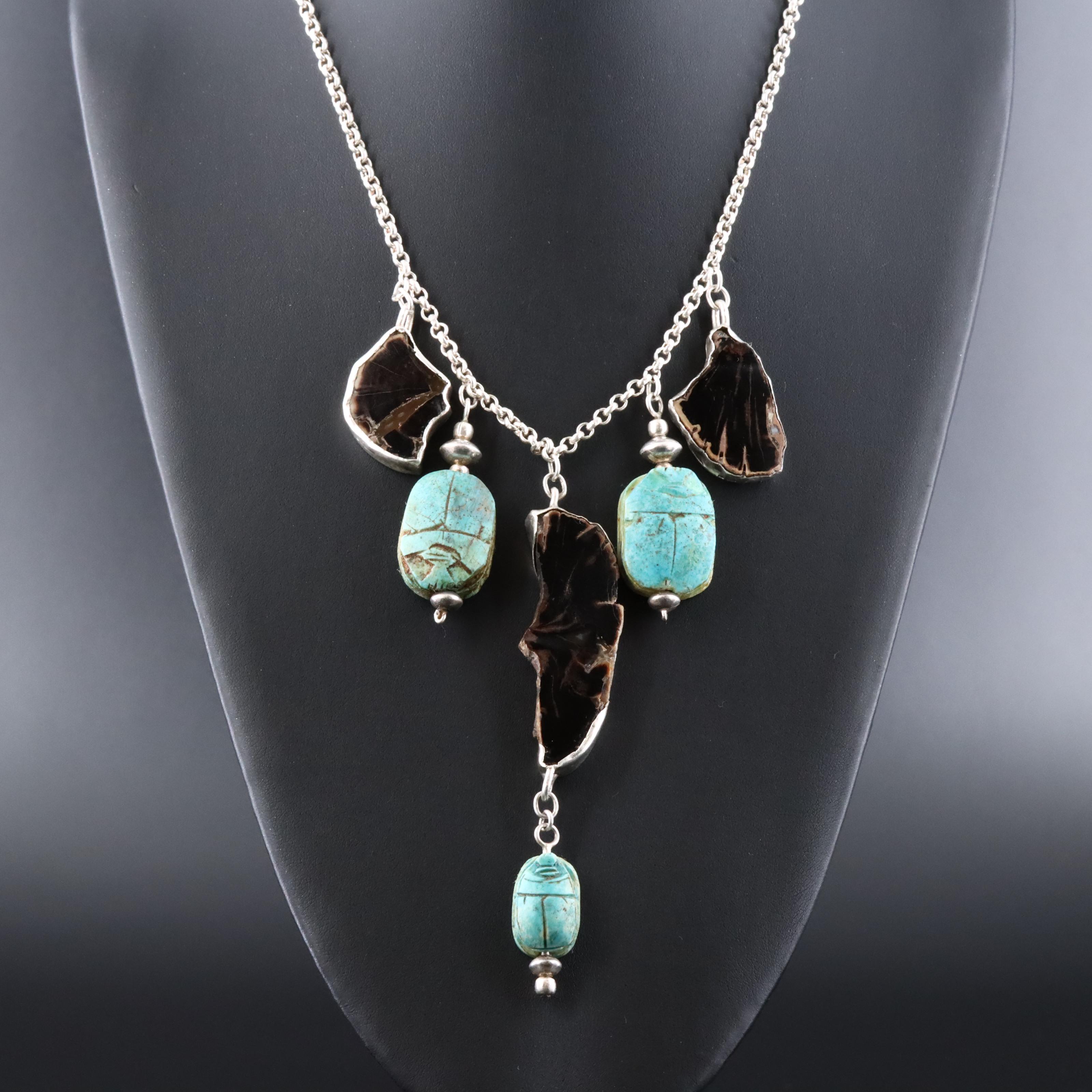 Sterling Agate and Faience Bead Scarab Necklace