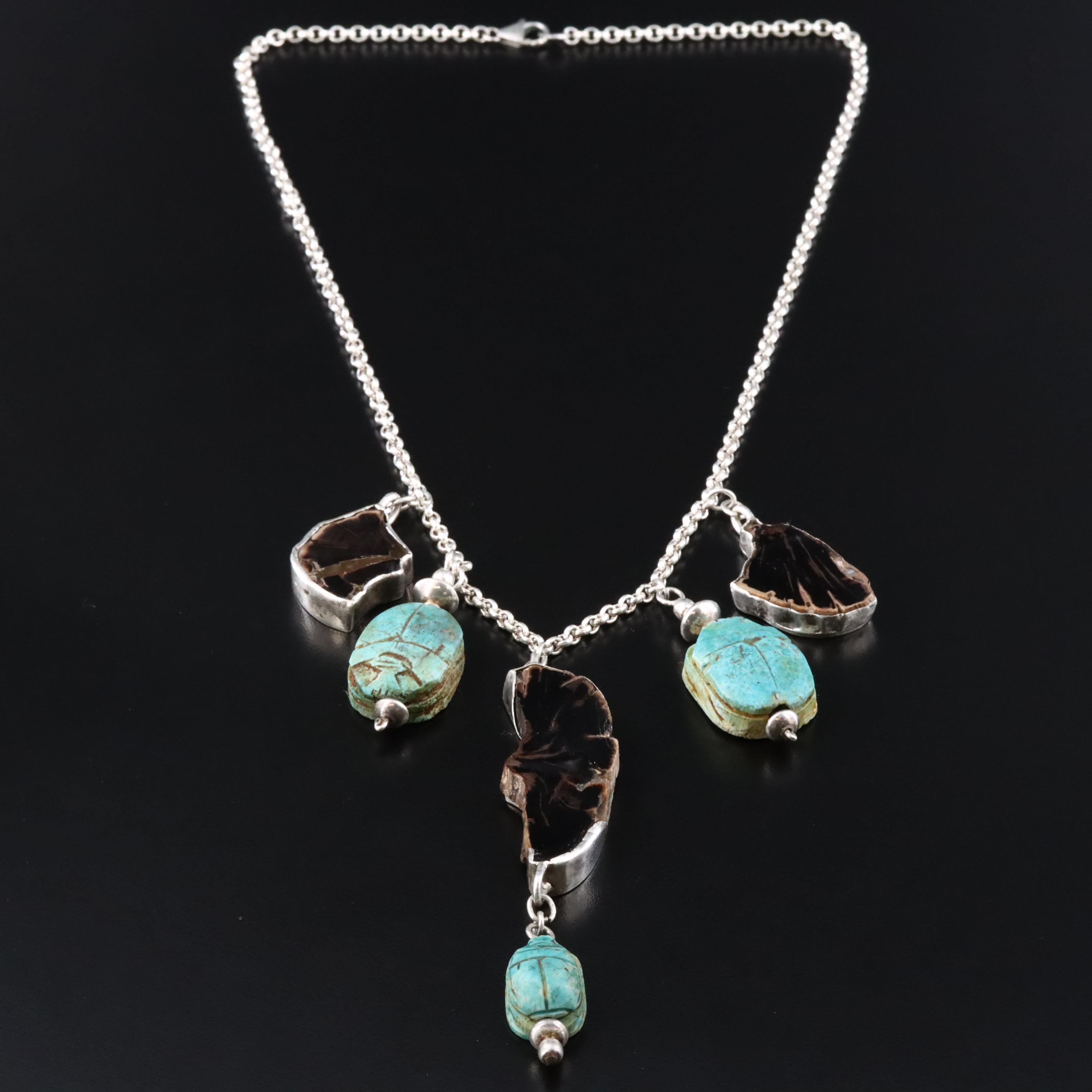 Sterling Agate and Faience Bead Scarab Necklace
