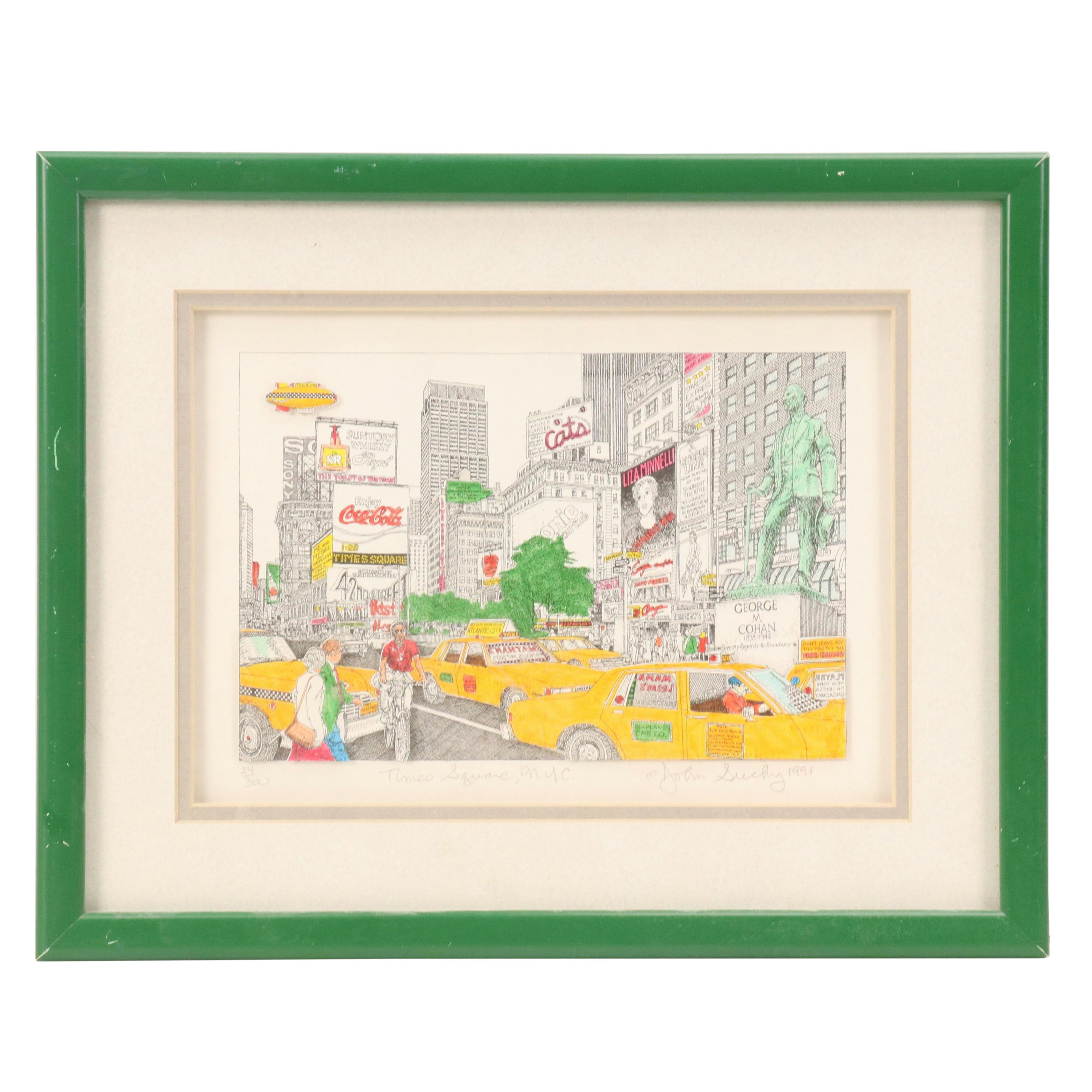 John Suchy Dimensional Hand-Colored Lithograph "Times Square, N.Y.C.," 1991