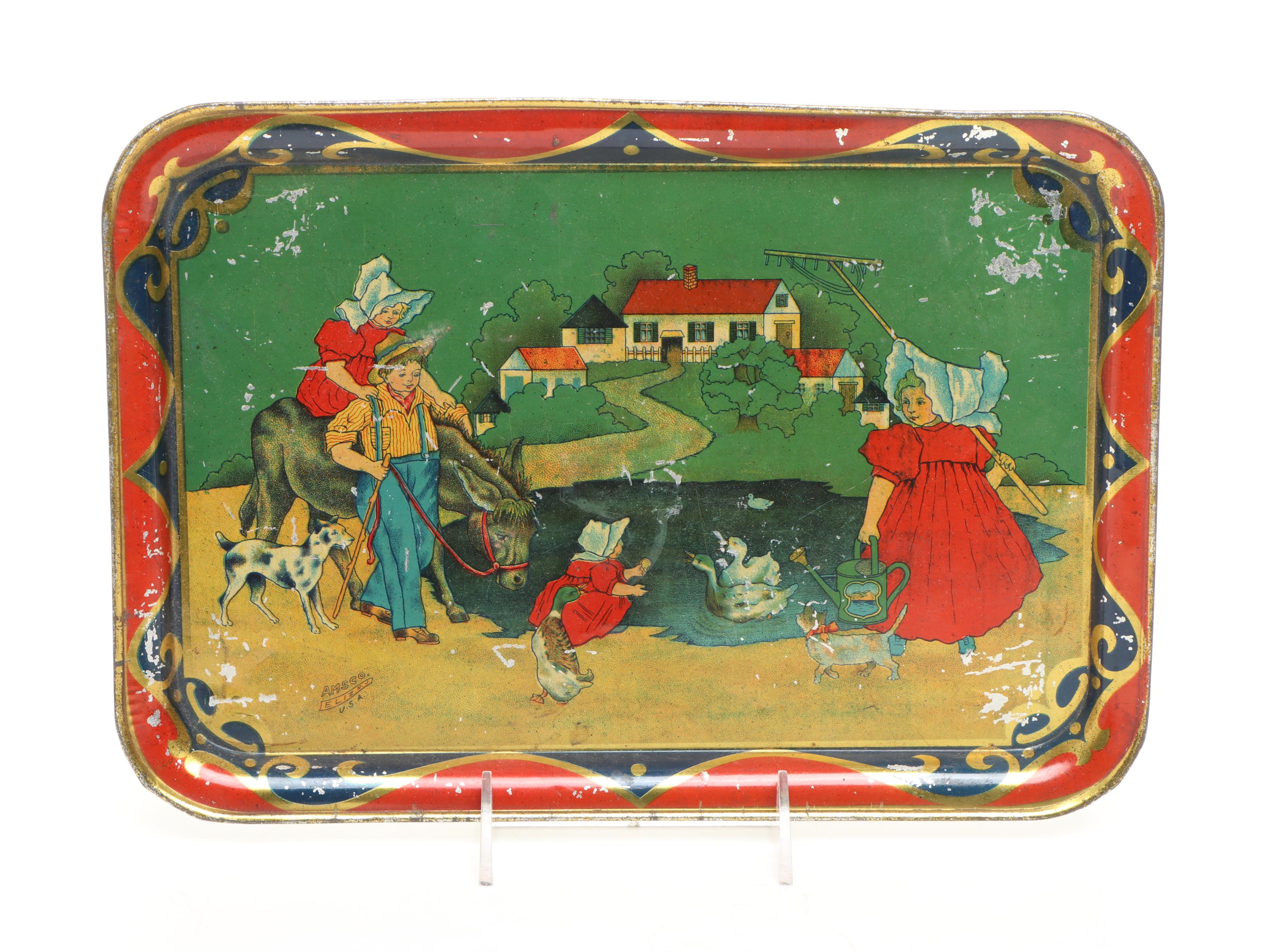 Vintage Amsco Sunbonnet Girls and Other Tin Litho Children's Trays