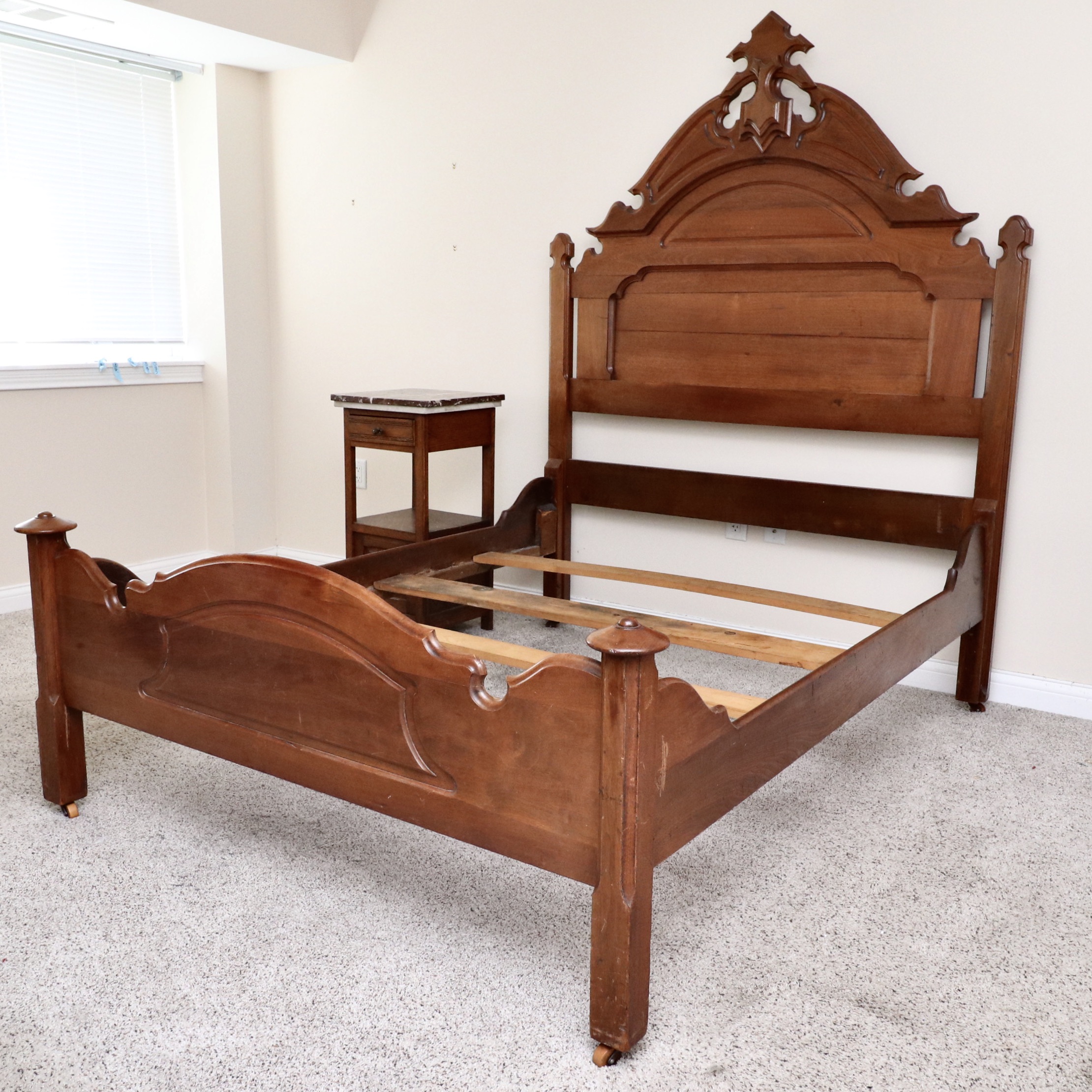 Late Victorian Walnut Queen Bed, Oak and Marble Side Table, Late 19th Century