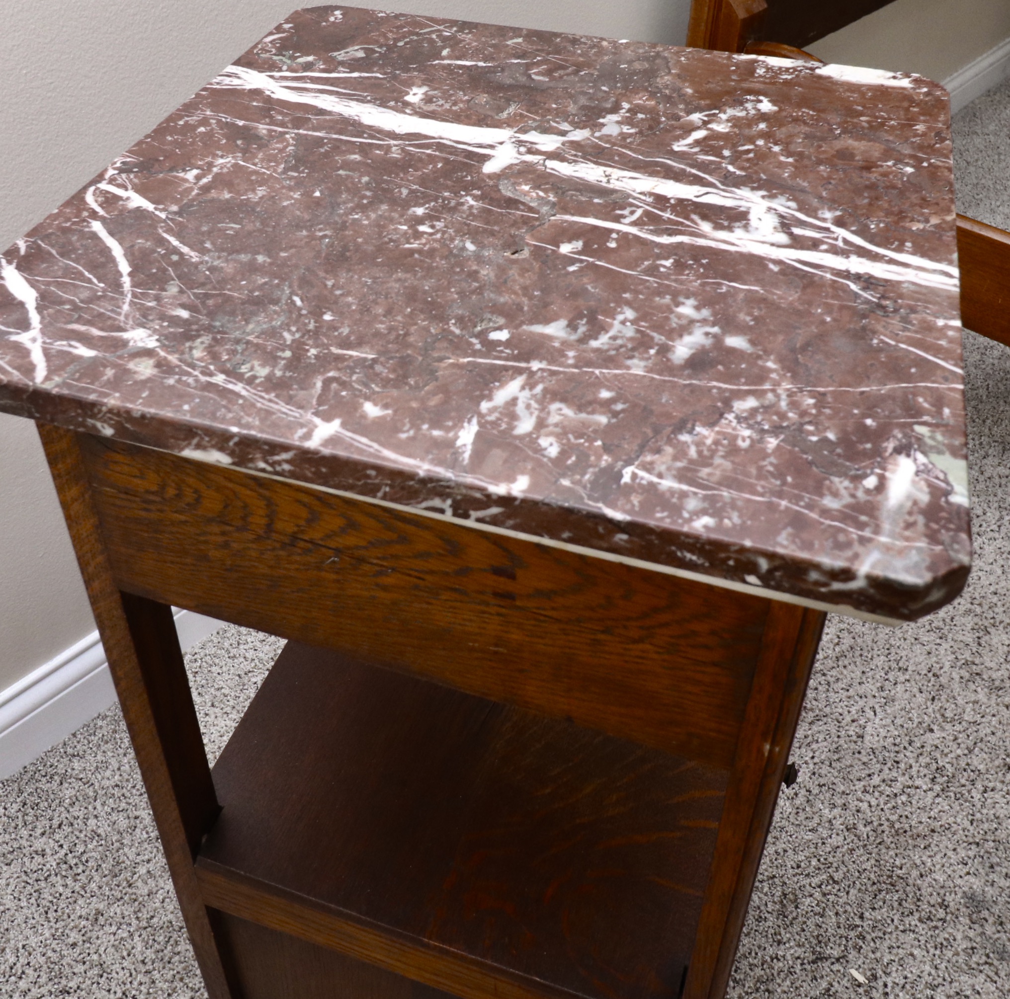 Late Victorian Walnut Queen Bed, Oak and Marble Side Table, Late 19th Century